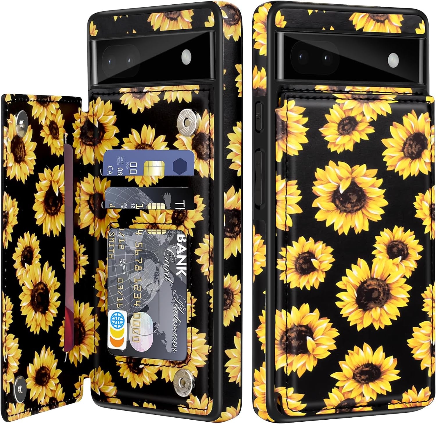 For Google Pixel 6A Case Leather Wallet with Card Holder, Flip Cover Kickstand Card Slots Magnetic Closure Shockproof Heavy Duty Protective Case for Google Pixel 6A 6.1Inch 5G-Rose Gold  Bizzib Floral Sunflower  