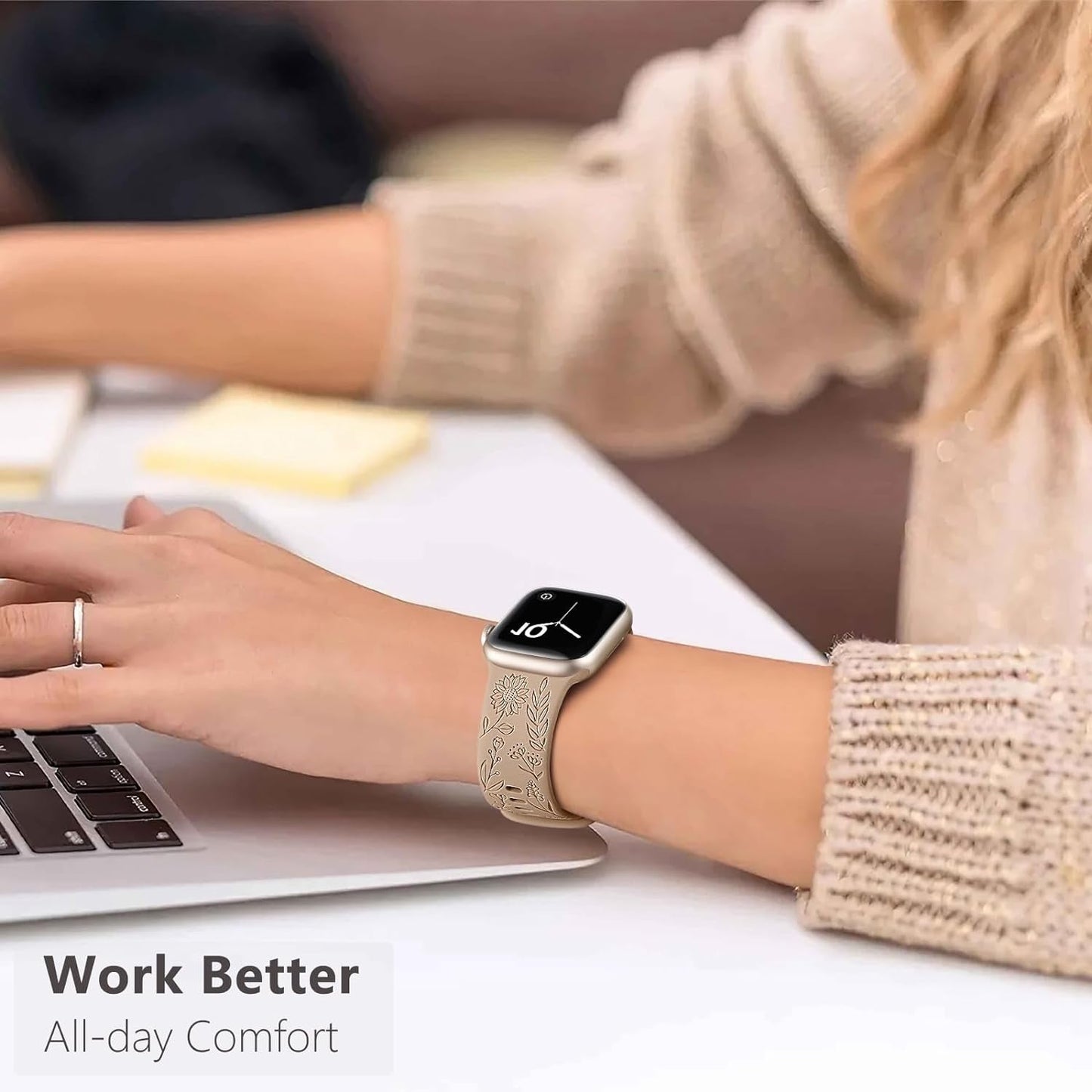 Easuny 8 Pack Bands for Women Apple Watch 40Mm 41Mm 38Mm 42Mm 44Mm 45Mm 49Mm Iwatch Series 9 8 7 6 5 4 3 Ultra 2/1 SE SE 2Nd, Soft Silicone Floral Engraved Dressy Wrist Straps