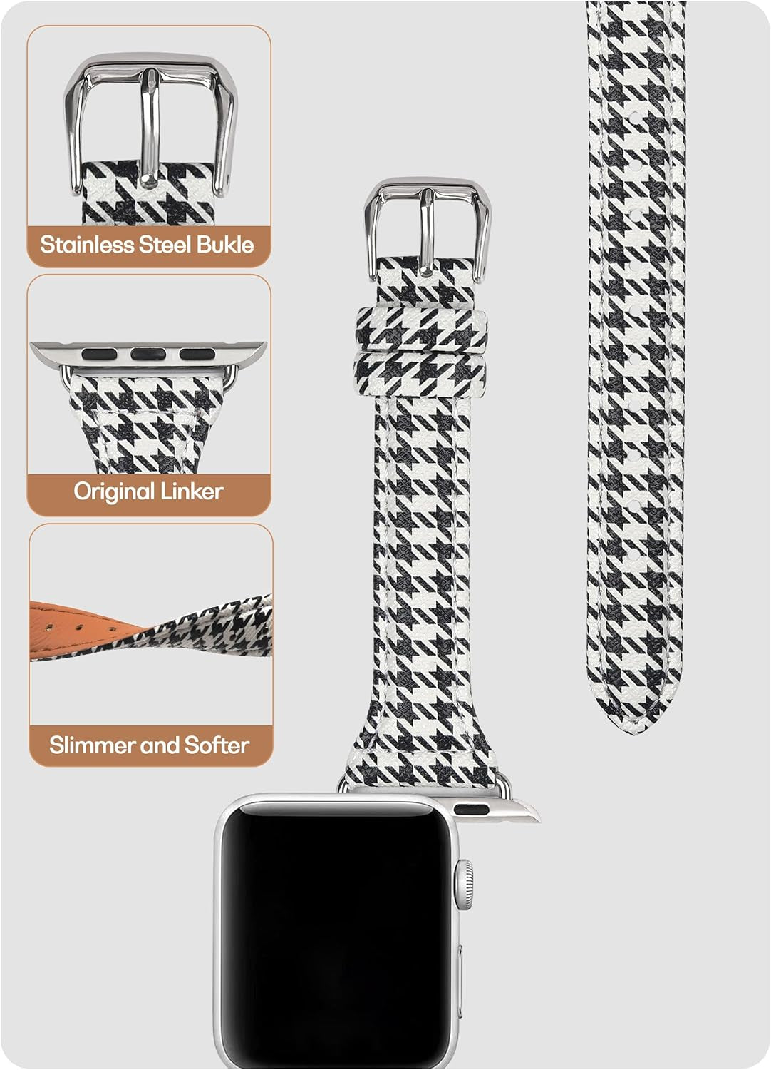 Designer Plaid Pattern Band Compatible with Apple Watch 41Mm 40Mm 38Mm, Soft Luxury Leather Wristband Black&White Grid for Iwatch Series 9/8/7/6/5/4/3/2/1/SE for Women/Girl