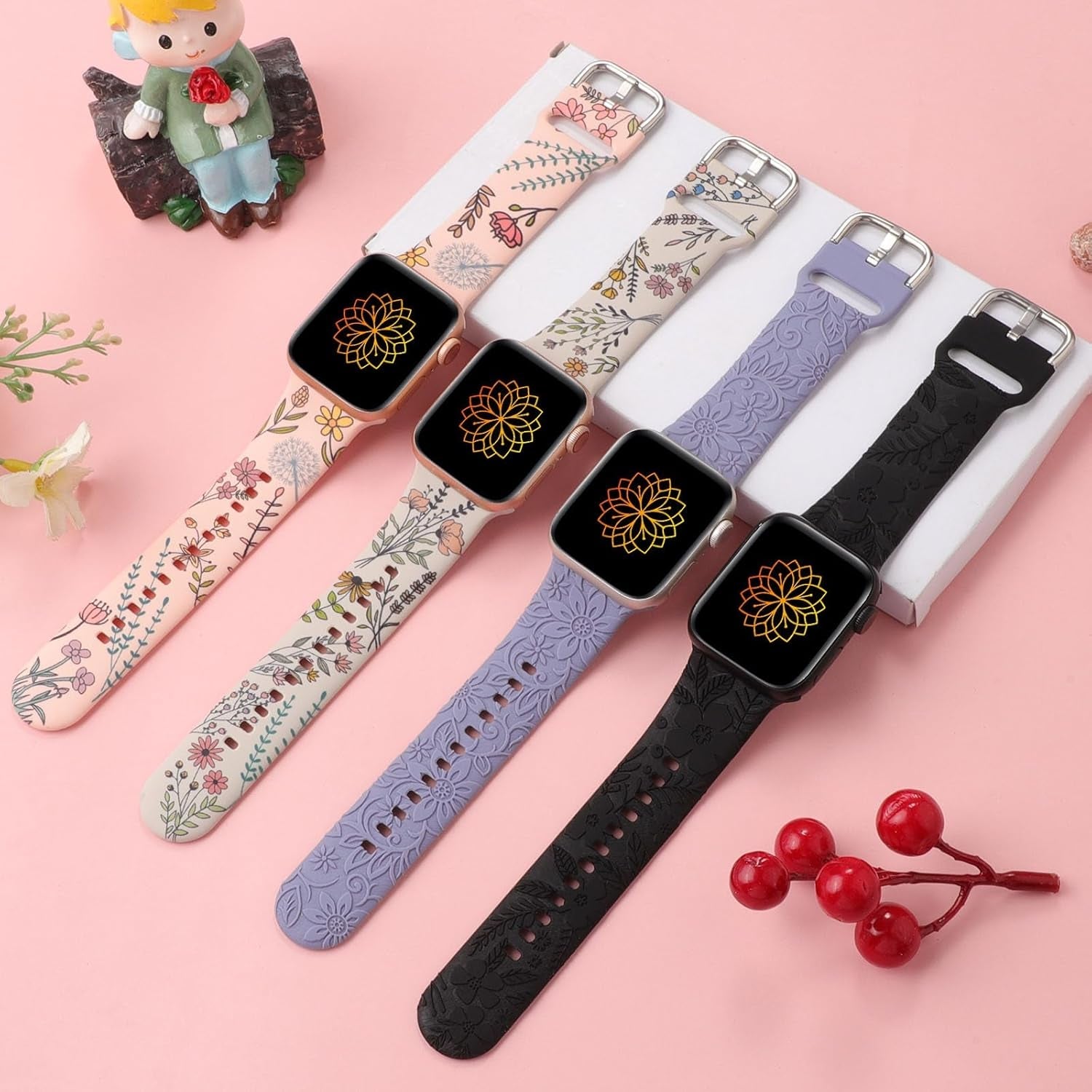 Flower Engraved Print Bands Compatible with Apple Watch Band 40Mm 41Mm 38Mm 42Mm 44Mm 45Mm 49Mm Women, Fancy Soft Silicone Sport Strap for Iwatch Series 9 Ultra 2 SE Ultra 8 7 6 5 4 3 2 1