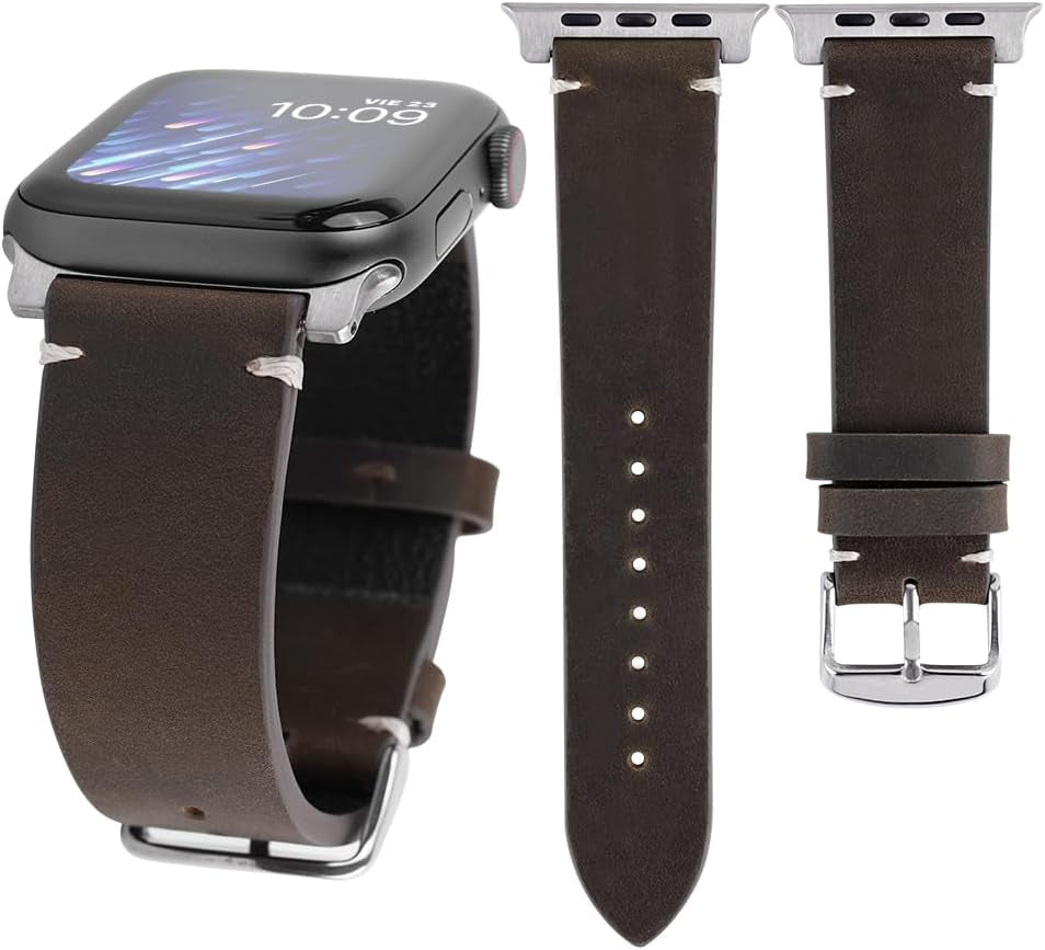 Band Compatible with Apple Watch Ultra 2/1 49Mm 45Mm 44Mm 42Mm 41Mm 40Mm 38Mm Series 9/8/SE/7/6/5/4/3/2, Vintage Leather Iwatch Strap for Men Women