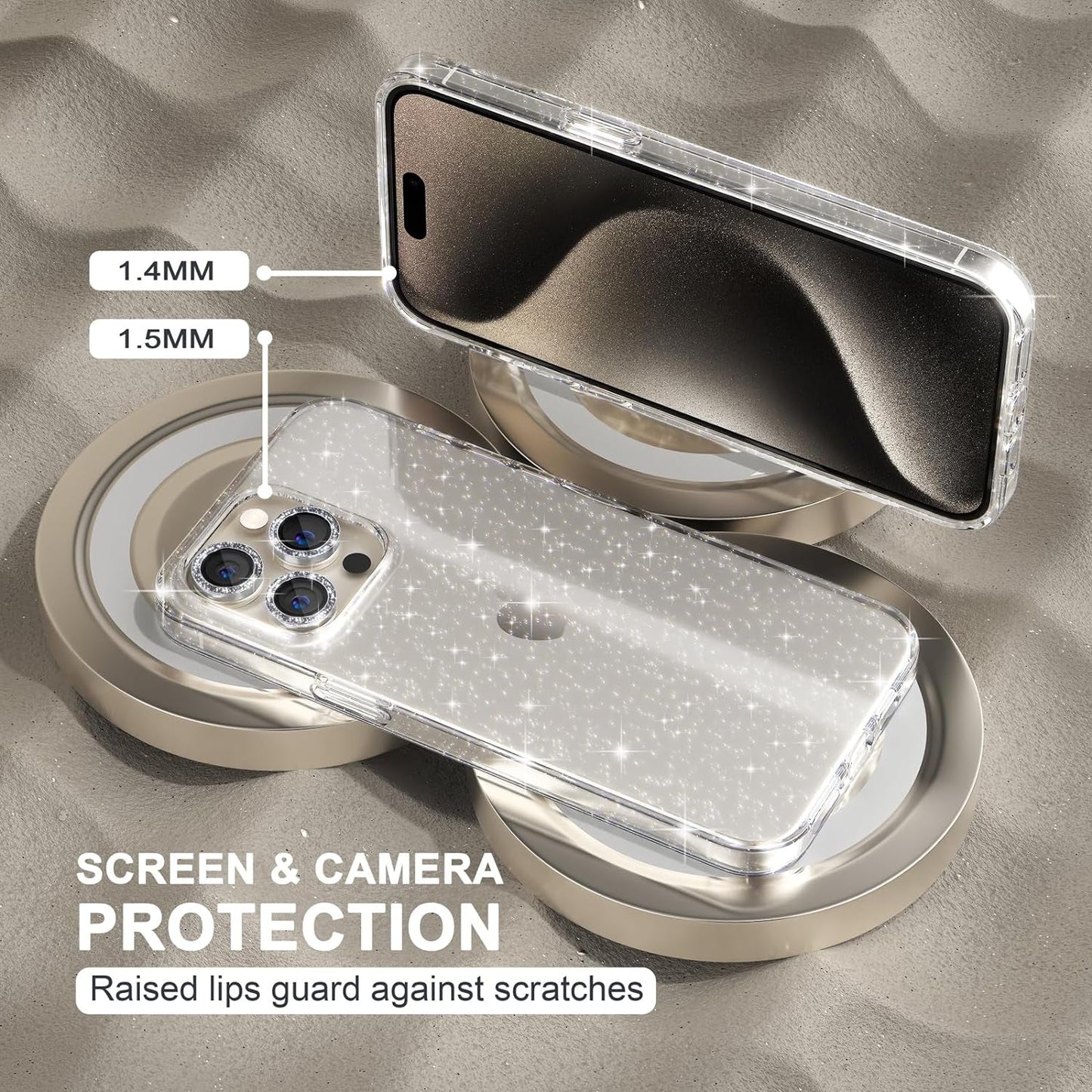 Choiche Compatible for Iphone 15 Pro Case, Women Cute Clear Glitter Bling Sparkly Case, [3 X Diamond Camera Lens Protectors] [2 X Tempered Glass Screen Protectors] 6.1-Inch (Glitter Clear)  Choiche   