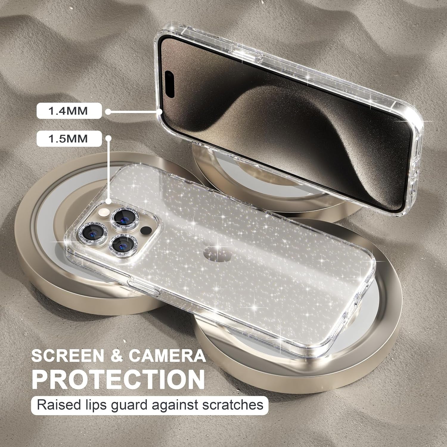 Choiche Compatible for Iphone 15 Pro Case, Women Cute Clear Glitter Bling Sparkly Case, [3 X Diamond Camera Lens Protectors] [2 X Tempered Glass Screen Protectors] 6.1-Inch (Glitter Clear)  Choiche   