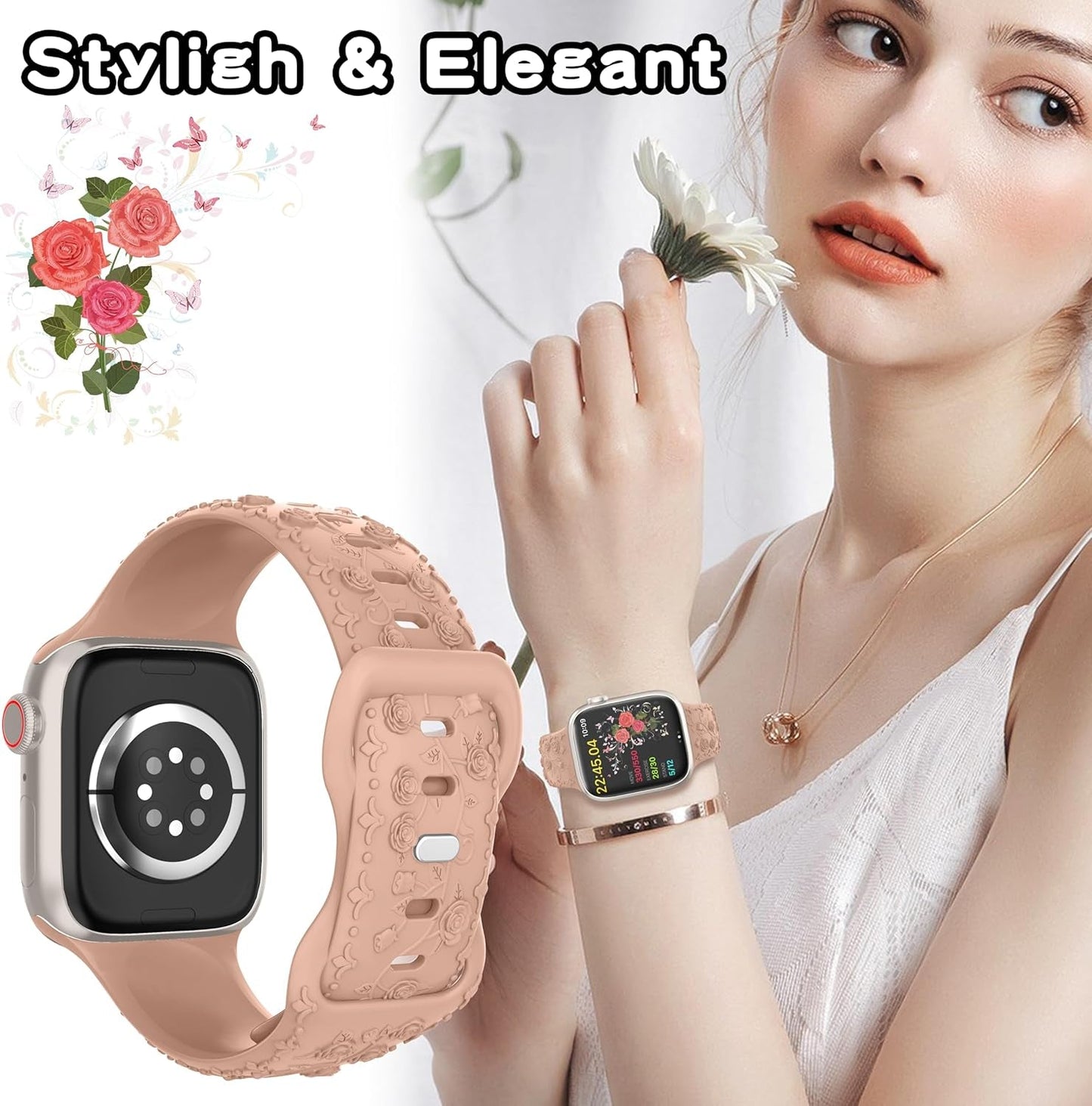 Embossed Flower Band Compatible with Apple Watch Band 40Mm 44Mm 41Mm 38Mm 45Mm 42Mm 49Mm Women,Cute Rose Engraved Strap Soft Silicone Wristbands for Iwatch Series 9 8 7 6 SE 5 4 3 2 1 Ultra