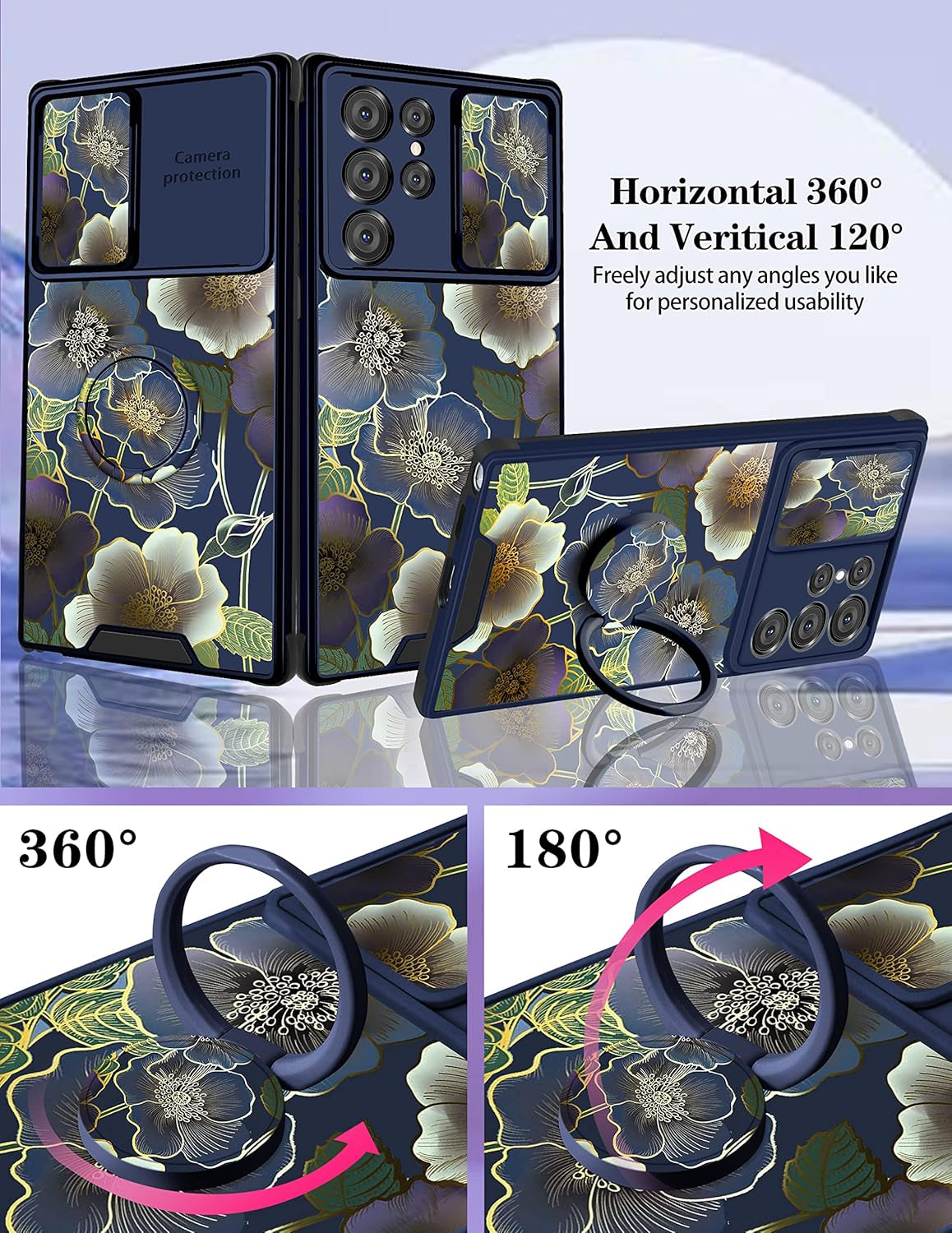 Goocrux (2In1 for Samsung Galaxy S22 Ultra Case Flower Floral for Women Girls Girly Pretty Cute Phone Cover with Slide Camera Cover+Ring Holder Fashion Pattern Unique Design Cases for S22 Ultra 6.8''