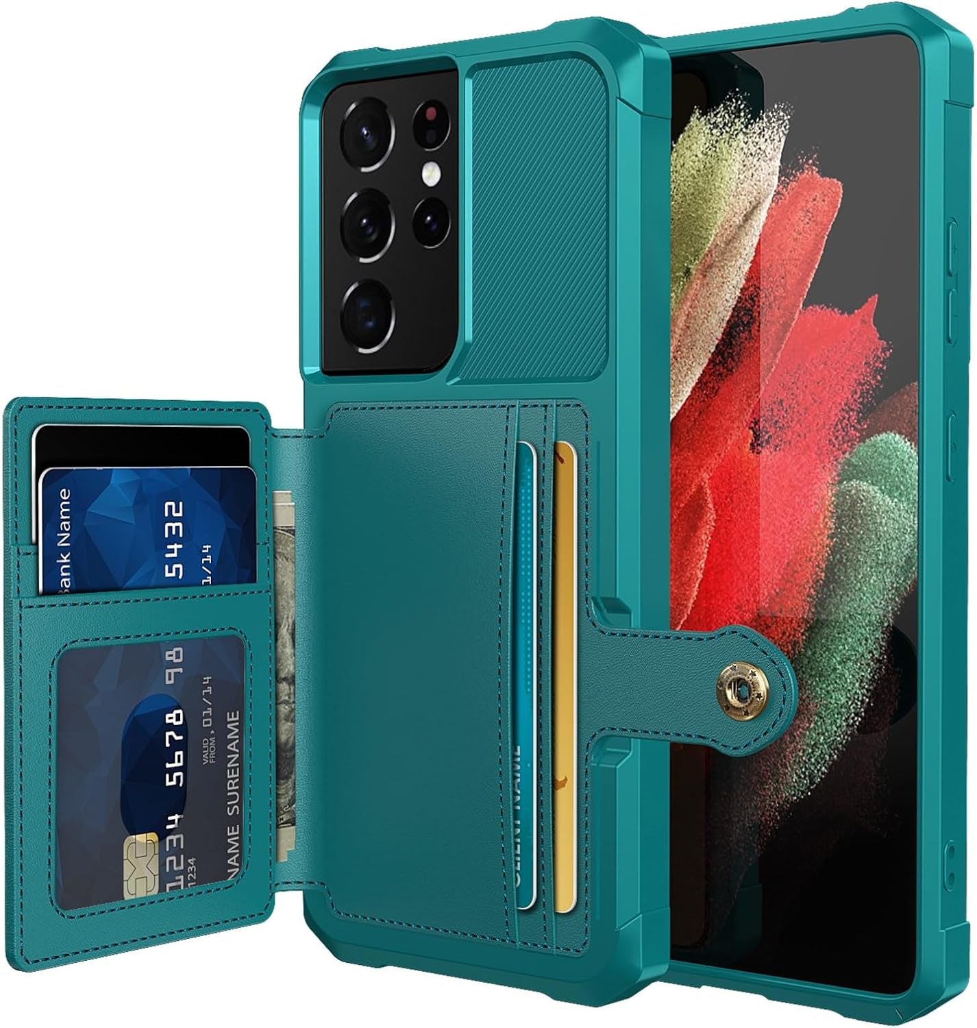 For Samsung Galaxy S22 Ultra Case with Card Holder, Compatible with Magnetic Car Mount, Heavy Duty Shockproof Rugged Soft TPU Back Leather Flip Wallet Cover 6.8 Inch, Red