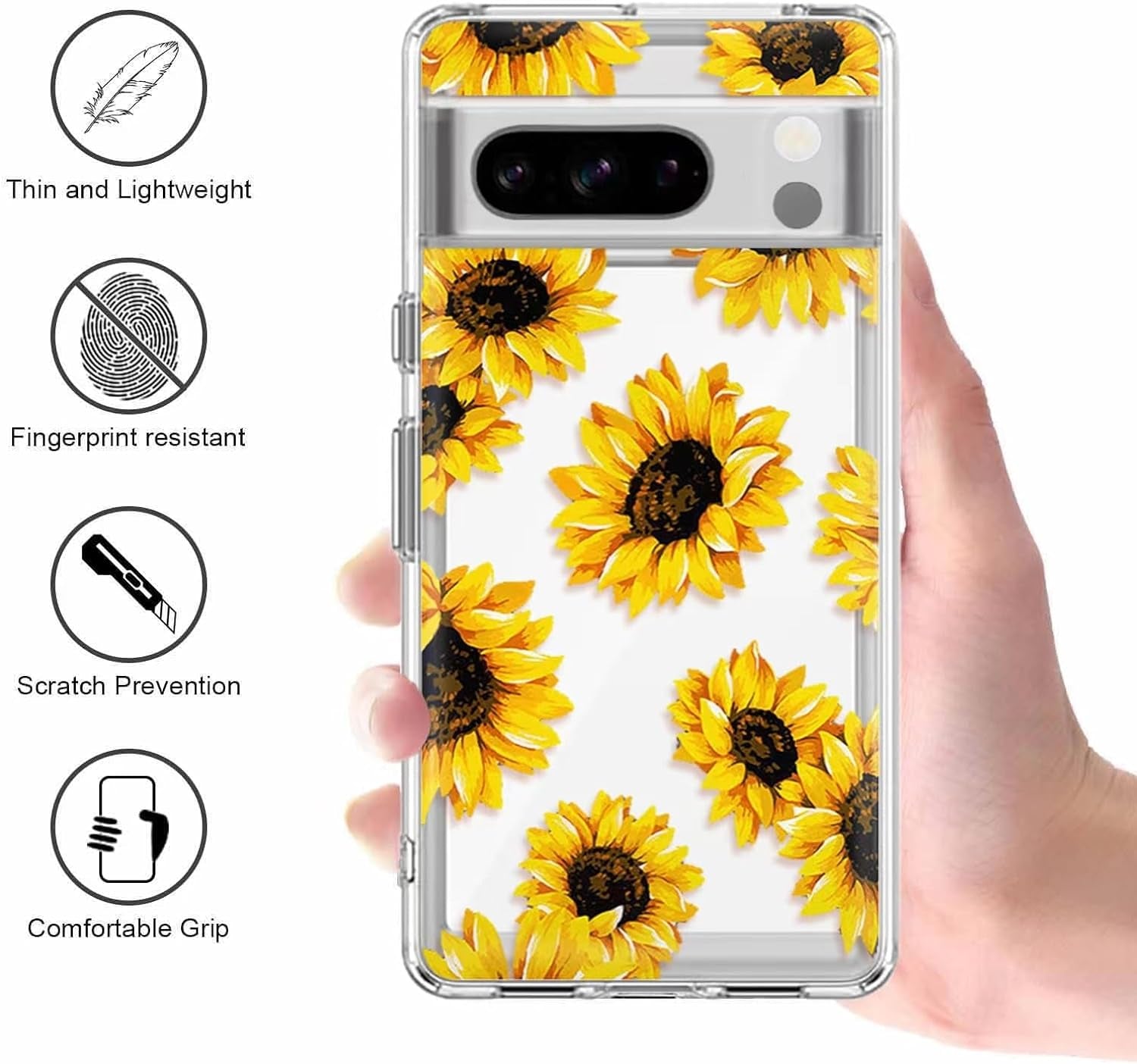 Sunflower Case Compatible with Pixel 8 Pro,Cute Floral Flower Pattern Ultra Slim Fit Cover for Women Girls,Not Yellowing Soft TPU Clear Silicone Shockproof Protective Case for Pixel 8 Pro  Yivenbarity   