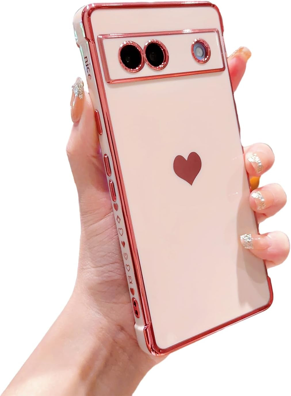 Phylla Compatible with Google Pixel 7A 6.1” 5G Phone Case Luxury Plating Cute Love Heart Side Small Pattern Case Full Camera Protection Soft Silicone Shockproof Bumper Cover (Blue)  PHYLLA Pink  
