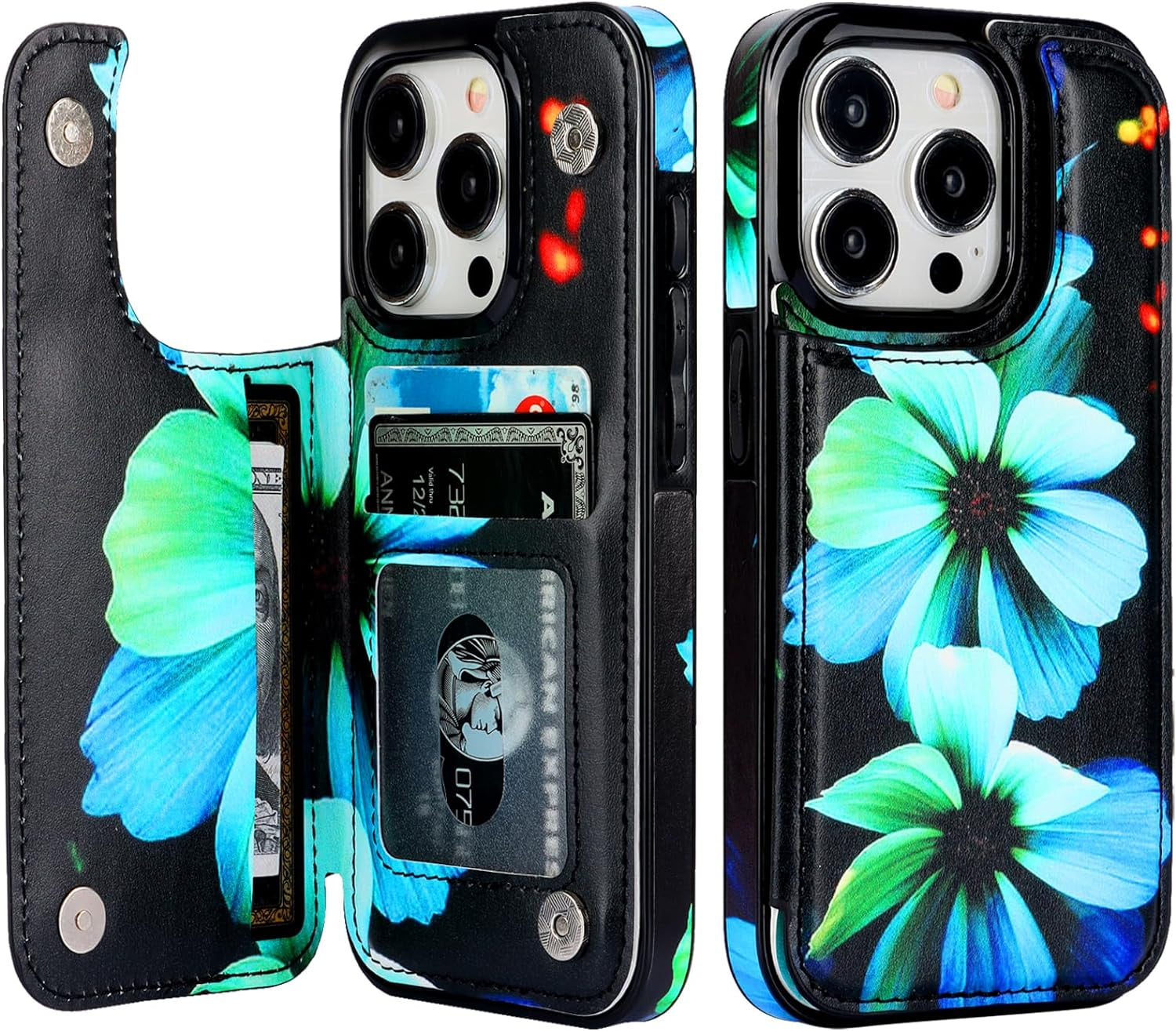 HAOPINSH for Iphone 15 Pro Wallet Case with Card Holder, Blooming Sunflowers Pattern Back Flip Folio PU Leather Kickstand Card Slots Case for Women Girls, Double Magnetic Clasp Cover 6.1"  HAOPINSH Blue Florals  