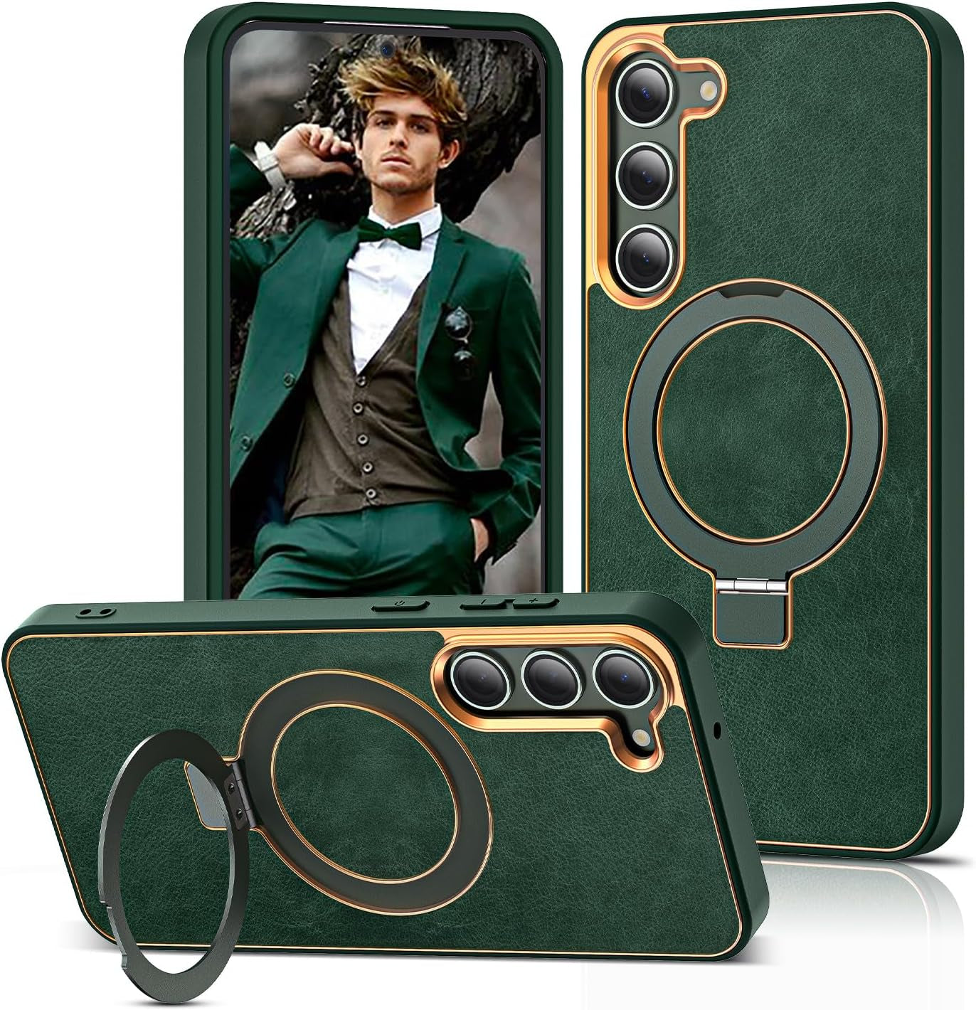 Designed for Samsung Galaxy S22 plus Case with Magnetic O-Ring Stand Leather Luxury Business Phone Cases for S22 plus 6.6" Compatible with Magsafe [Military Grade Protection],Red