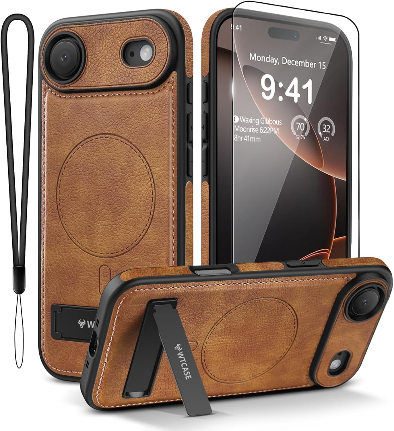 Magnetic for Iphone 17 Pro Max Leather Case,Built-In Invisible Stand [Compatible with Magsafe] Protective Slim Kickstand Phone Cover for Iphone 17 Pro Max,Brown