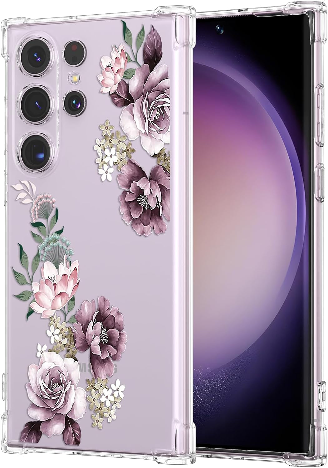 DEFBSC Soft Case Compatible with Samsung Galaxy S22 Ultra, Clear Floral Flower Pattern Print Design Flexible TPU Shockproof Cover for Women Girls,Flower Protective Phone Case, Purple Peony