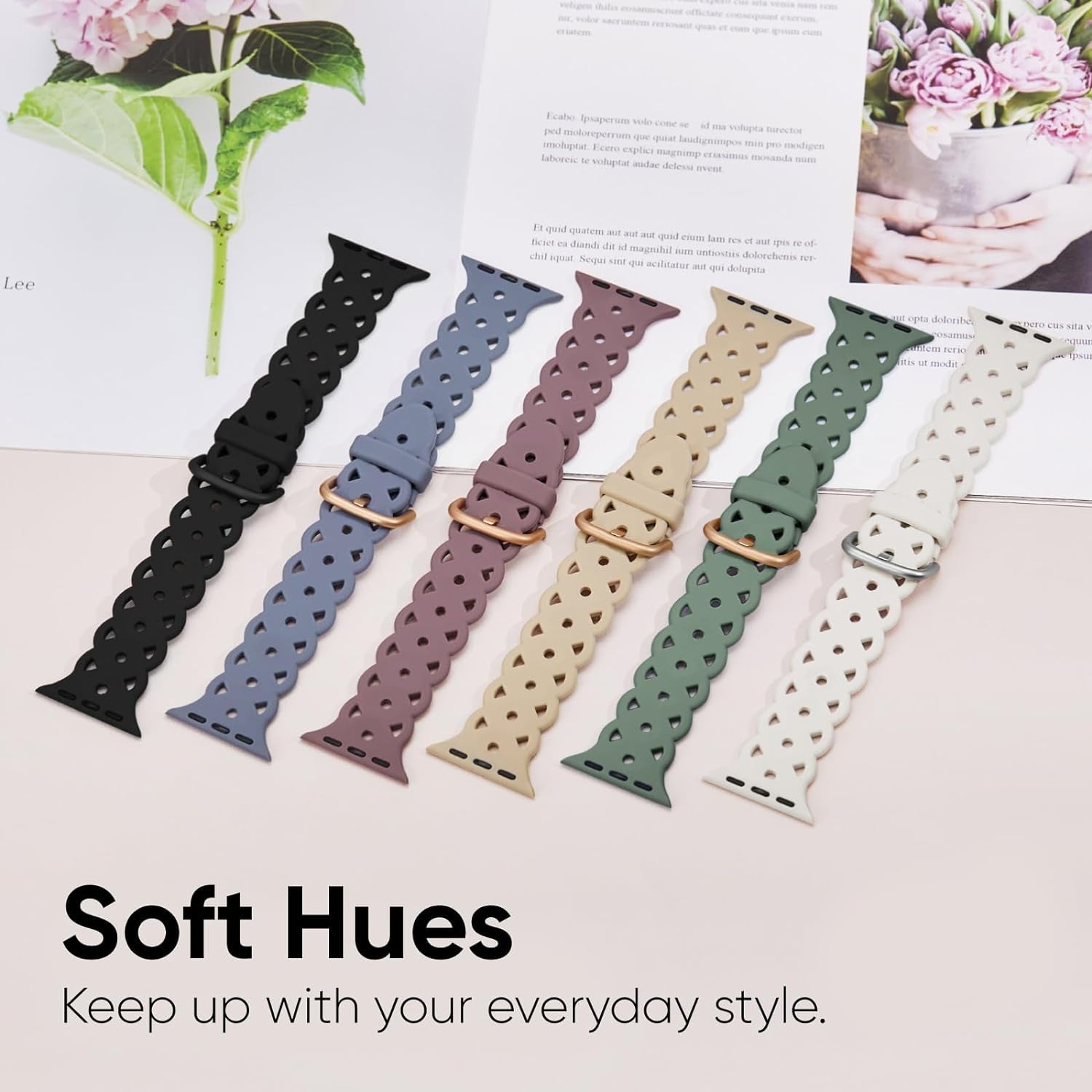 6-Pack Lace Silicone Bands Compatible with Apple Watch Bands 38Mm 40Mm 41Mm Women, Floral Engraved Cute Silicone Strap for Iwatch Series 9 8 7 6 5 4 3 2 1 Ultra SE