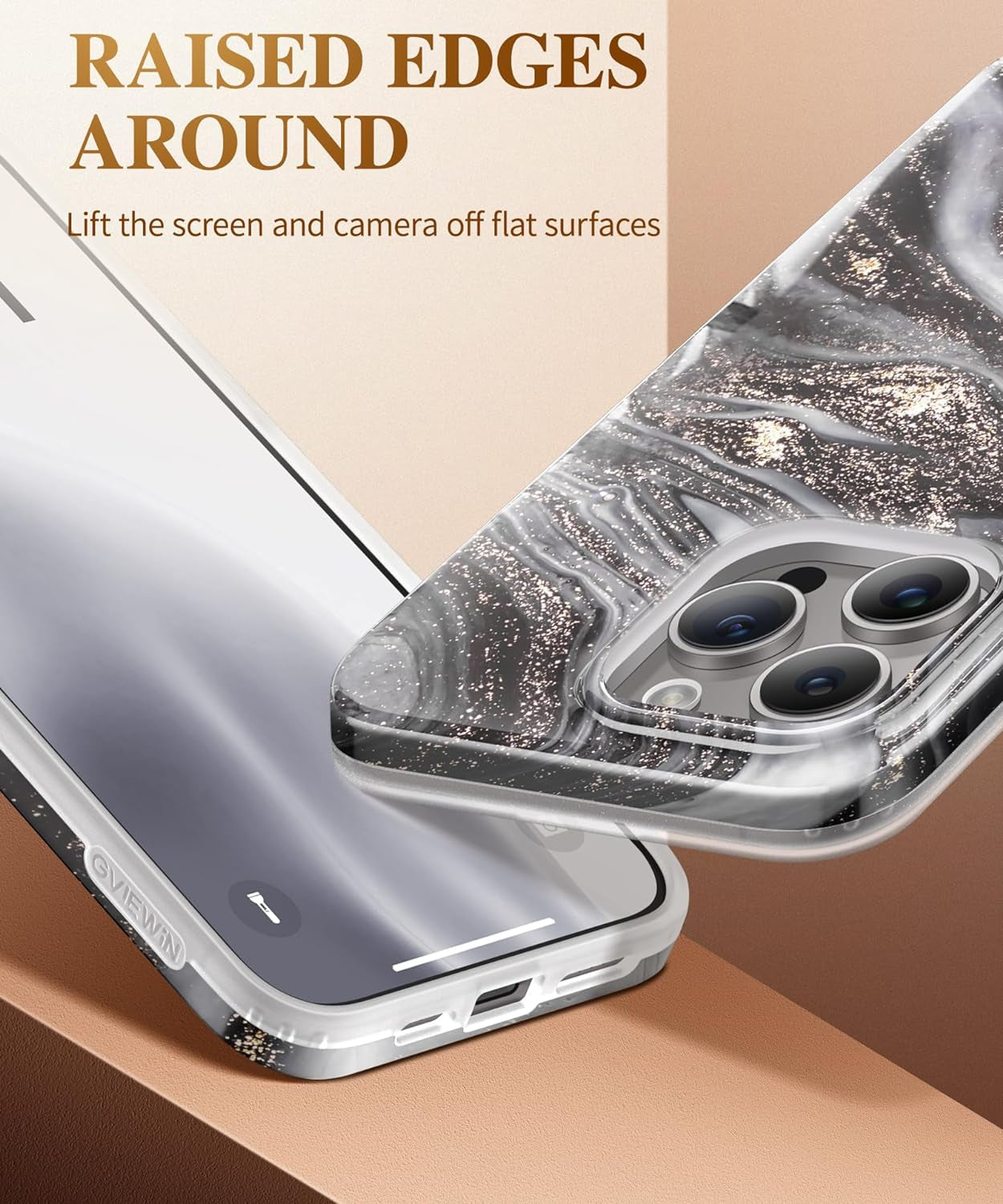 GVIEWIN for Iphone 15 Pro Case with Screen Protector+Camera Lens Protector, [Military Grade Drop Protection] Slim Marble Design Soft TPU Protective Phone Cover for 15 Pro 6.1" (Flowing Sand/Ink)  GVIEWIN   