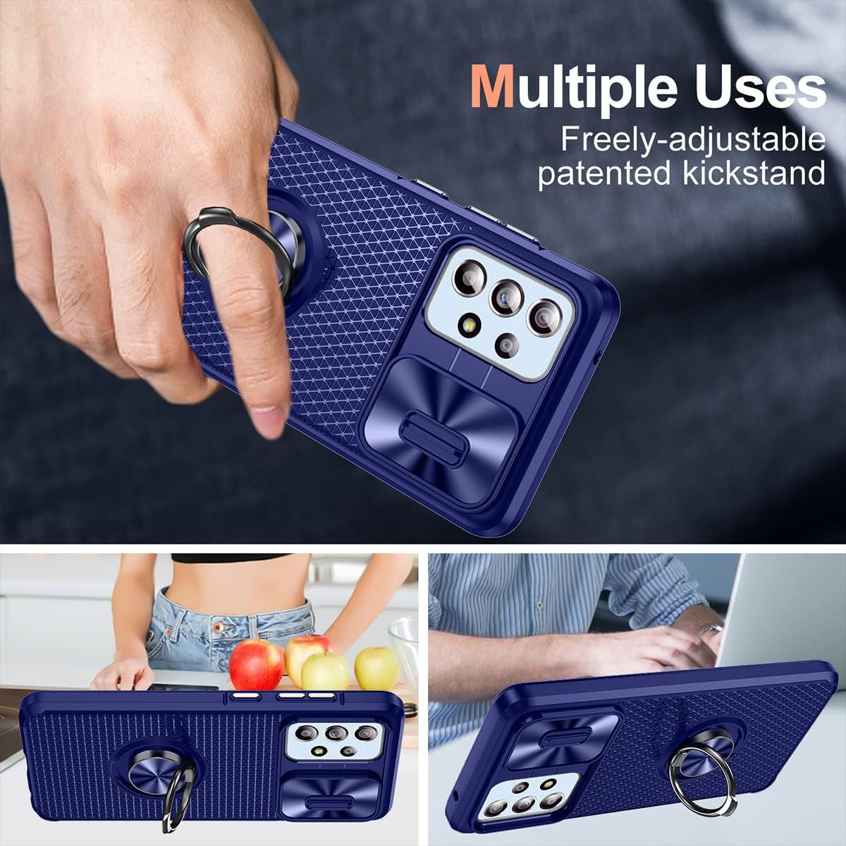 Design for Samsung Galaxy A53 5G Phone Case with Screen Protector + Slide Camera Protection Cover + Ring Holder Stand, Built-In Magnetic Kickstand Shockproof Protective Phone Cases for Women Men Blue