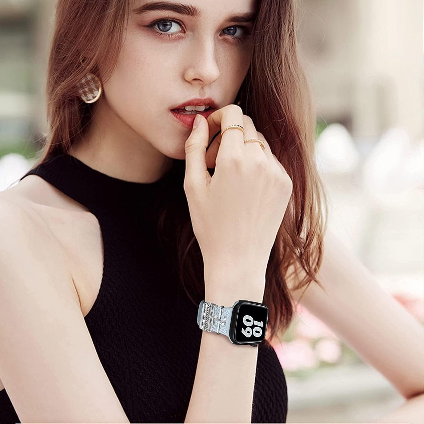 Decorative Rings Loops Compatible with Apple Watch Silicone Bands Metal Diamond Charms 45Mm 44Mm 42Mm 41Mm 40Mm 38Mm Iwatch Series 8 7 6 5 4 3 2 1 Accessories(Silver) (Z)