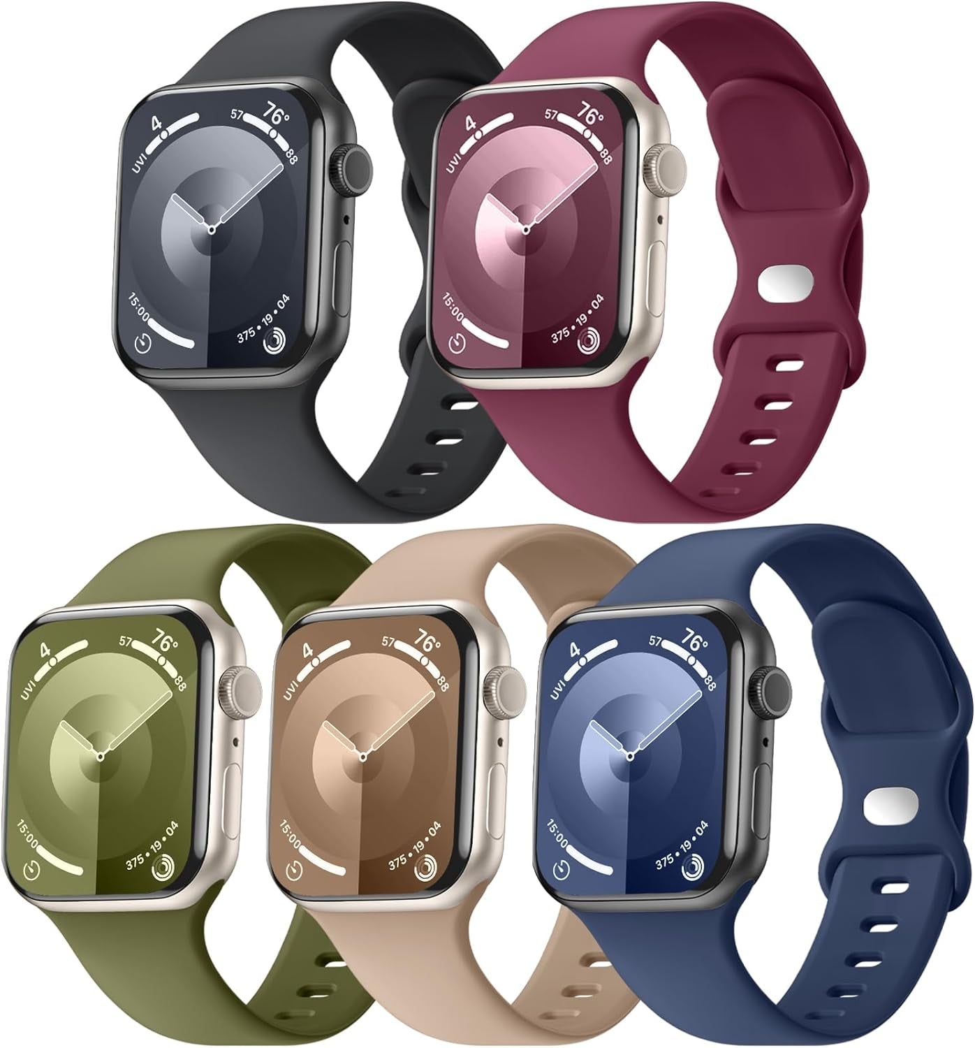 5 Pack Soft Silicone Bands - Compatible with Apple Watch Ultra 2 & Ultra Band 49Mm 45Mm 44Mm 42Mm 41Mm 40Mm 38Mm for Men Women, Breathable Sport Strap Band for Ultra 2 Iwatch Series 9 8 7 6 SE 5 4 3 2