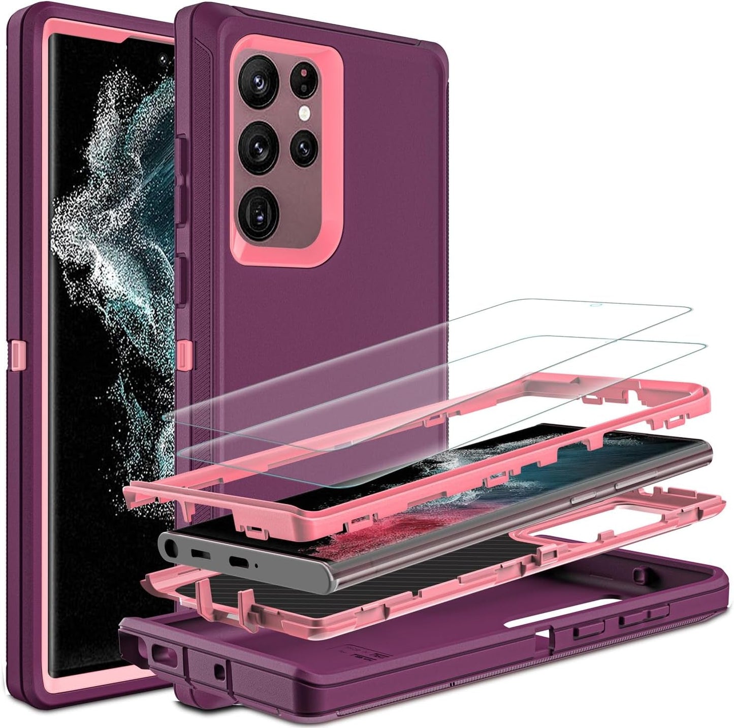 For Samsung Galaxy S22 Ultra Case, S22 Ultra Case with Self Healing Flexible TPU Screen Protector [2 Pack], 3 in 1 Shockproof Heavy Duty Case for Samsung S22 Ultra 5G (Blue/Turquoise)