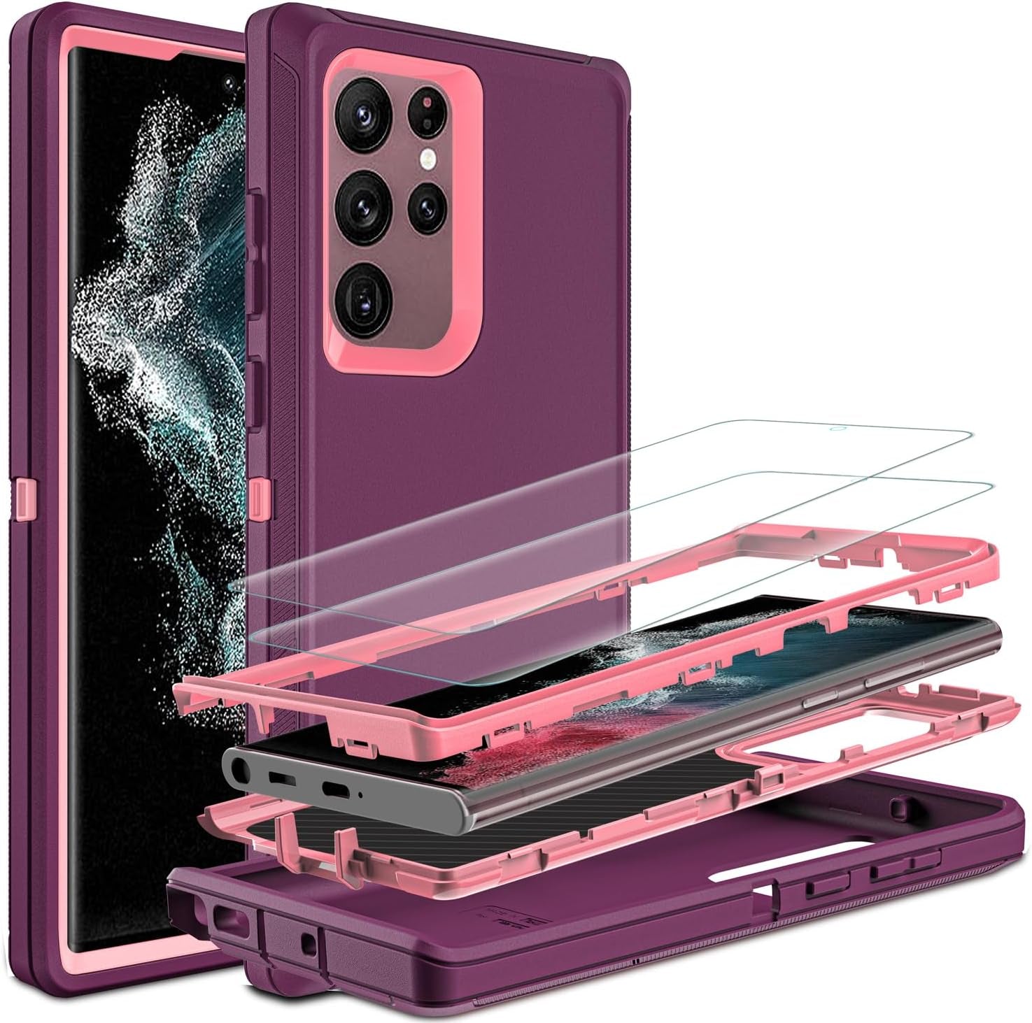 For Samsung Galaxy S22 Ultra Case, S22 Ultra Case with Self Healing Flexible TPU Screen Protector [2 Pack], 3 in 1 Shockproof Heavy Duty Case for Samsung S22 Ultra 5G (Blue/Turquoise)