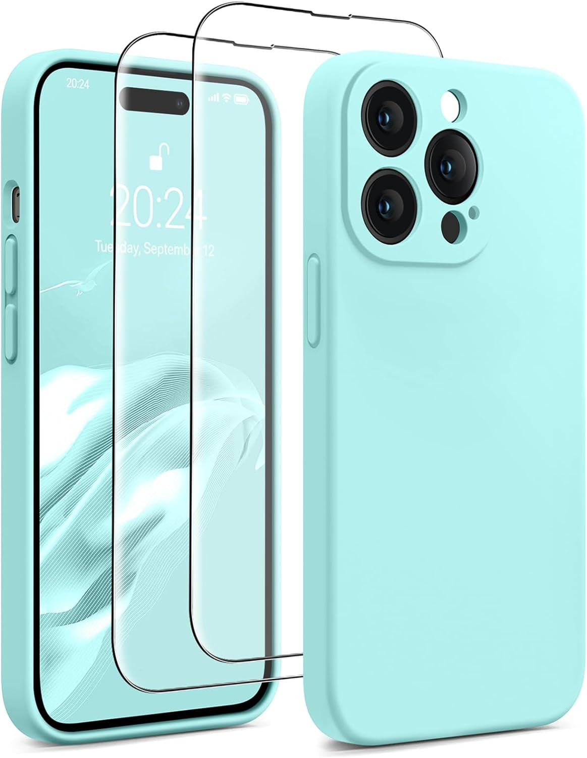 AOTESIER for Iphone 14 Pro Max Case, [Stronger Camera Protection] Silicone Iphone 14 Pro Max Phone Case with [2 Screen Protectors], Shockproof Anti-Scratch Lining Protective Cover, 6.7", Black  AOTESIER Light Cyan  