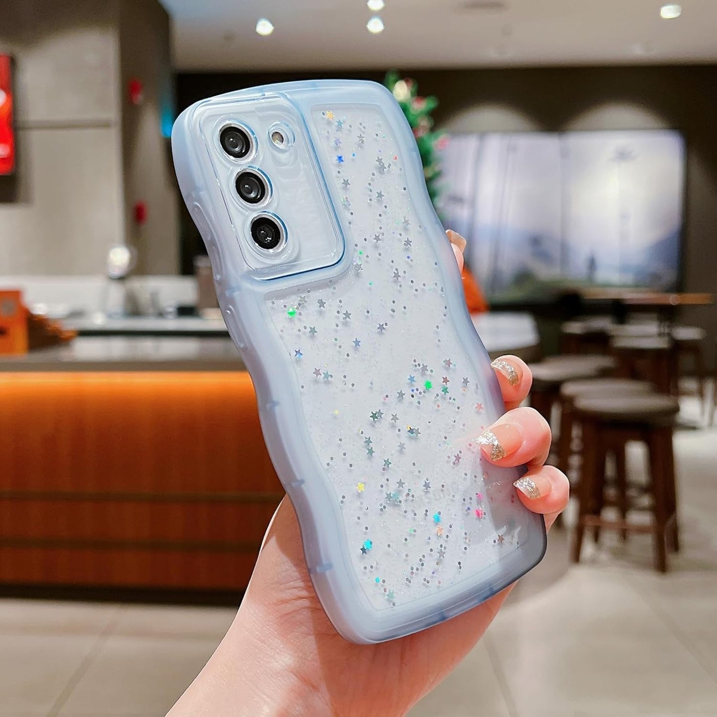 Compatible with Samsung Galaxy S22 plus Case,Transparent Matte Curly Wave Frame Bling Shiny Cases,Cute Glitter Clear Shockproof Protective Bumper Phone Cover for Women Girls (Blue)