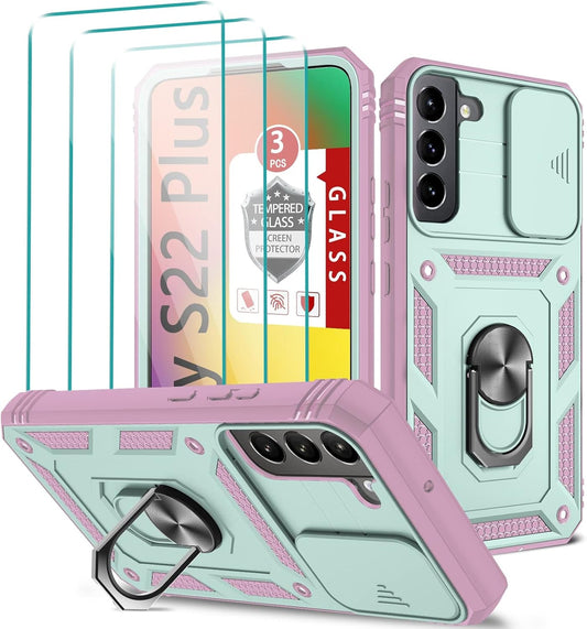 Galaxy S22 plus 5G Case, Galaxy S22+ 5G Case with 3 Pcs Tempered Glass Screen Protector Built in Ring Stand Kickstand + Camera Cover, Hard PC Soft TPU Defender Full Body Protective Armor Case -Macaron