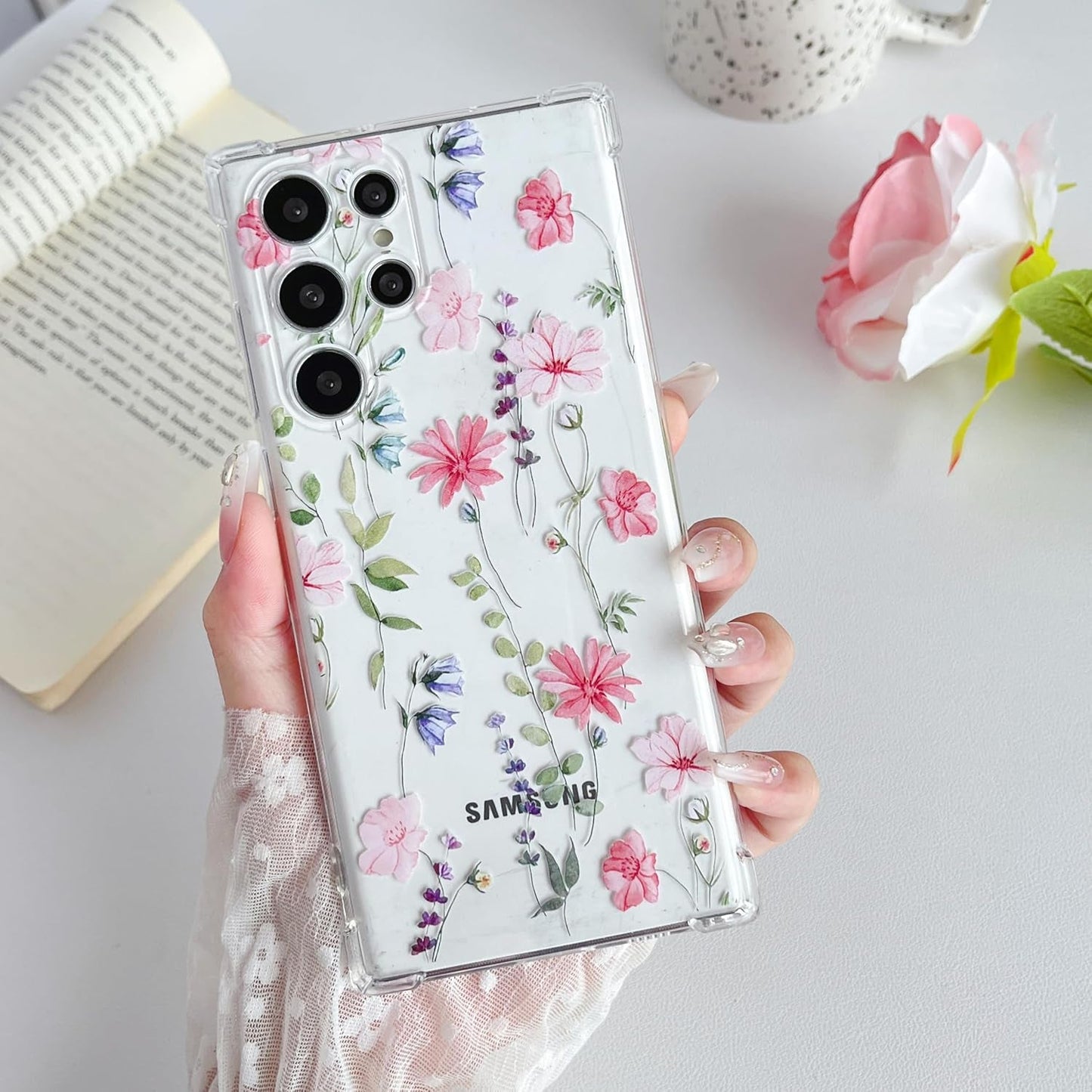 DEFBSC Soft Case Compatible with Samsung Galaxy S22 Ultra, Clear Floral Flower Pattern Print Design Flexible TPU Shockproof Cover for Women Girls,Flower Protective Phone Case, Purple Peony