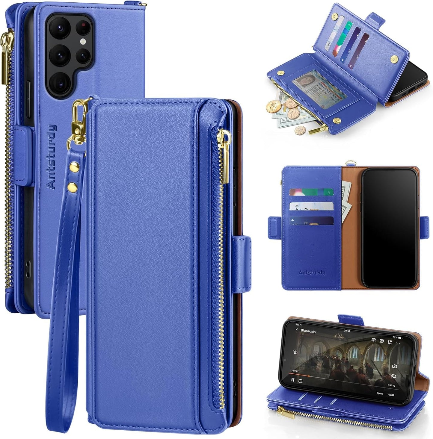 Antsturdy Samsung Galaxy S22 Ultra Wallet with Card Holder for Women Men,Galaxy S22 Ultra 5G Phone Case RFID Blocking PU Leather Flip Shockproof Cover with Strap Zipper Credit Card Slots,Dark Blue