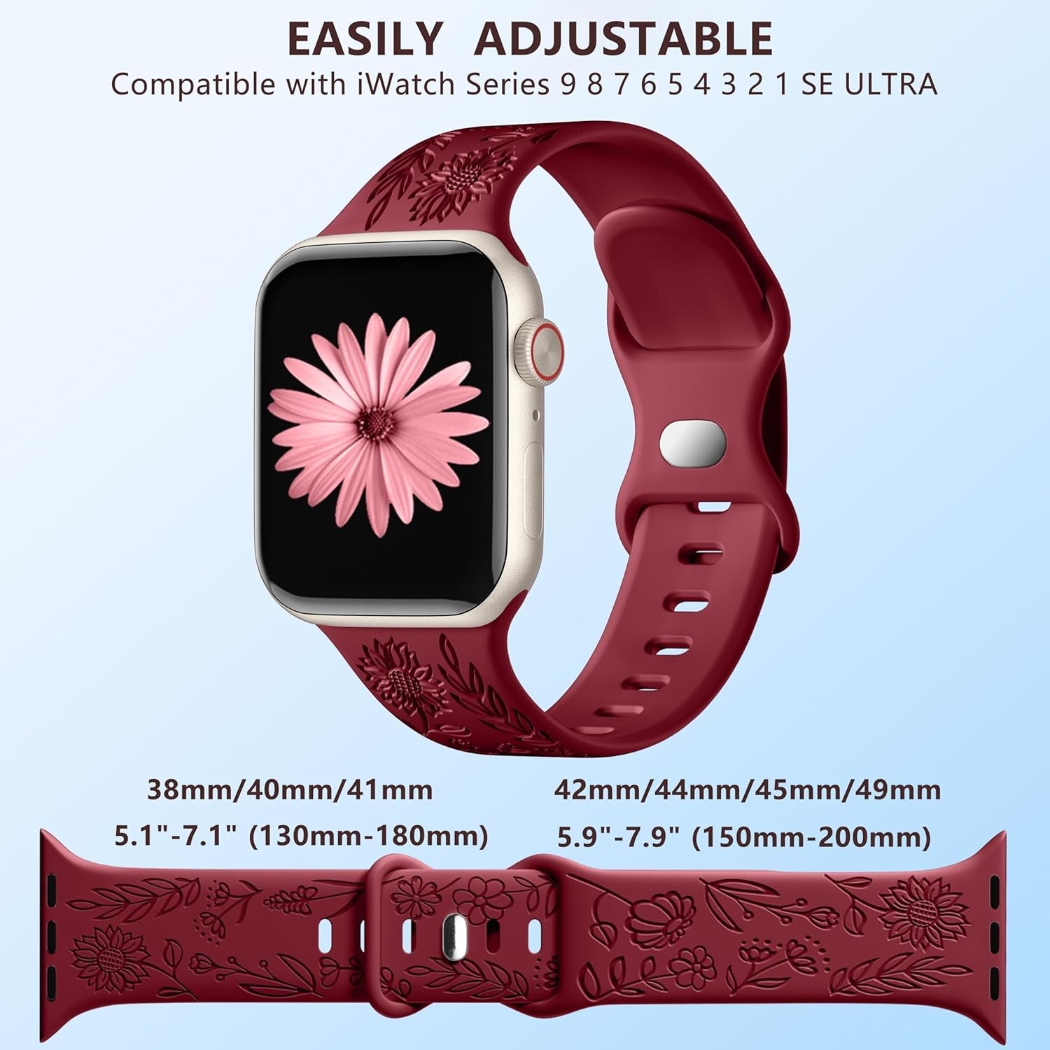 6 Pack Floral Engraved Bands Compatible with Apple Watch Band 44Mm 40Mm 38Mm 41Mm 45Mm 49Mm 42Mm Women, Soft Silicone Cute Flower Pattern Sport Strap for Iwatch Bands Series Ultra Ultra 2 SE 9 8 7 6 5 4 3 2 1