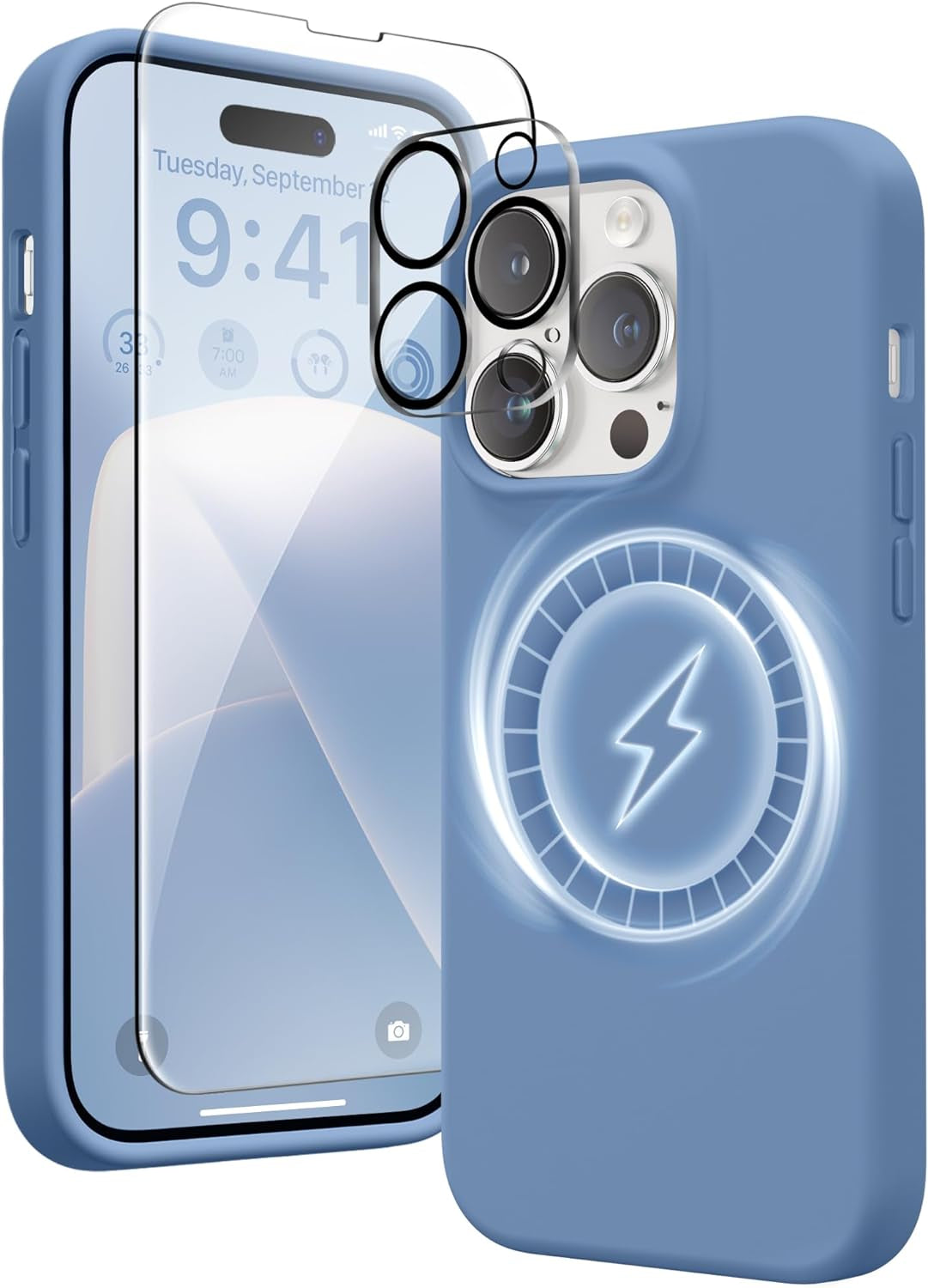 GONEZ for Iphone 14 Pro Max Case Silicone, Compatible with Magsafe, with 2X Screen Protector + 2X Camera Lens Protector, Liquid Silicone Shockproof Protective Iphone 14 Promax Case, Blue  GONEZ   