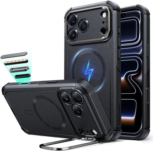ESR for Iphone 17 Pro Case with Stash Stand, 7X Military-Grade Drop Protection with Camera Control, Shock-Absorbing Phone Rugged Cover, Compatible with Magsafe Accessories, Cyber Series, Black