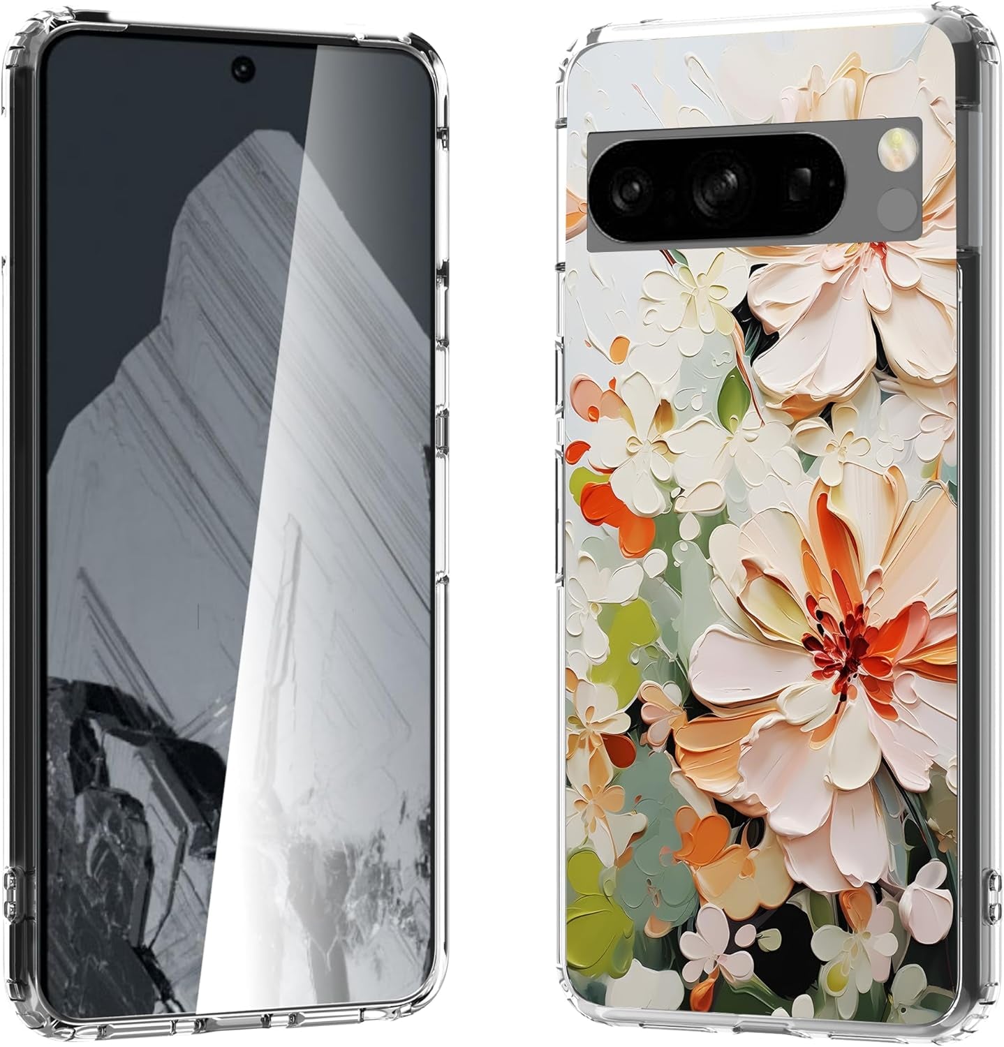 For Google Pixel 8 Clear Case with 3D Flower Printing Design, TPU+PC Slim Shock-Proof Protective Floral Cover for Women Girls, 6.2“ (Pic 5)  YIKECASE A-5 Google Pixel 8 Pro 