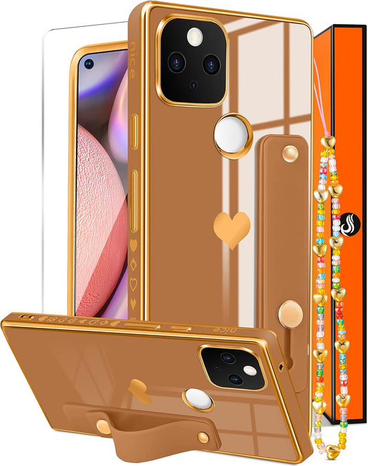 Likiyami (3In1 for Google Pixel 5 Case Heart for Women Girls Girly Cute Luxury Pretty Aesthetic with Stand Phone Cases Brown and Gold Plating Love Hearts Cover+Screen+Chain for Pixel 5 5G 6.0 Inch  Likiyami Brown For Google Pixel 5 