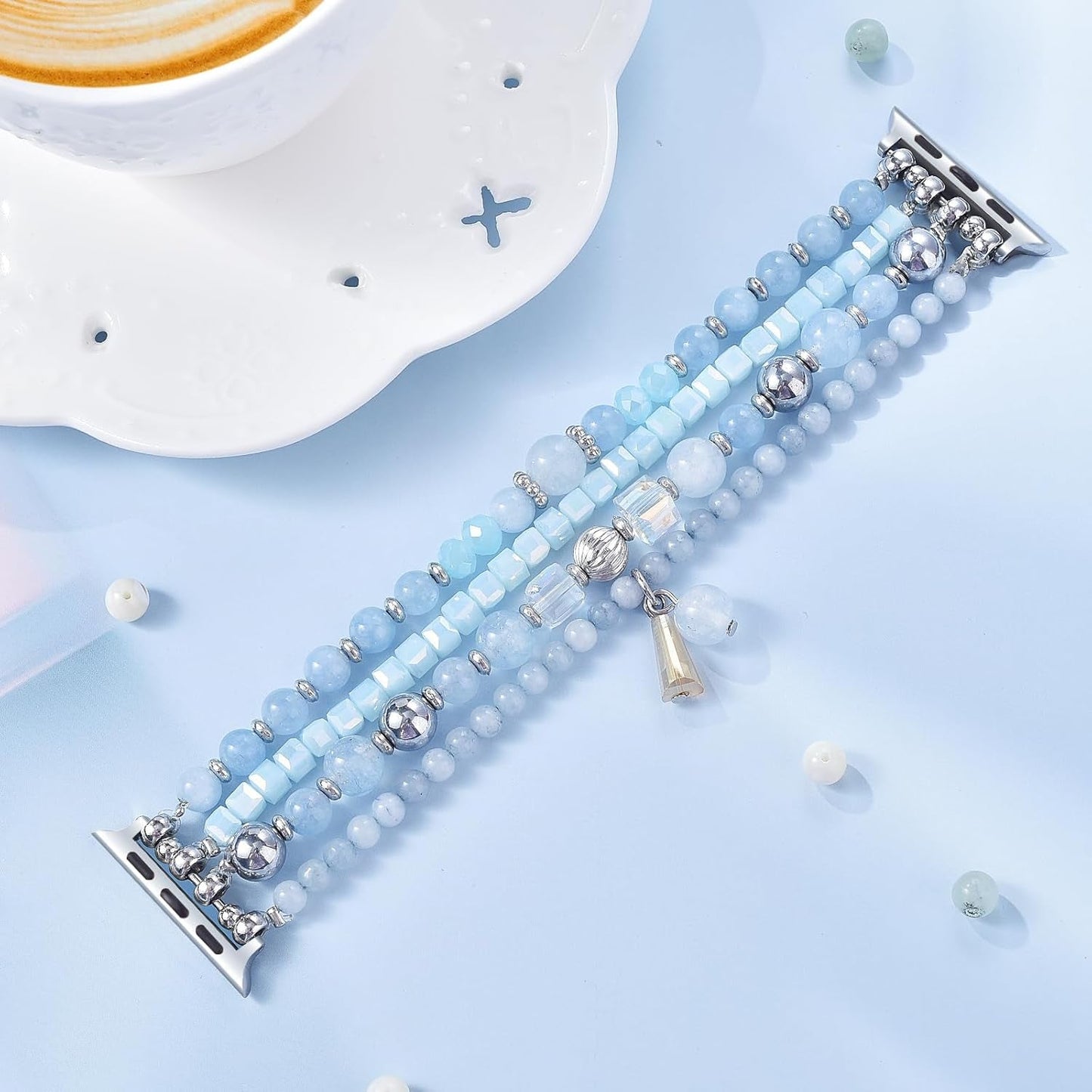 Beaded Bracelet Compatible with Apple Watch Band 42Mm/44Mm/45Mm for Women, Stylish Handmade Wristband Replacement Strap for Iwatch Series 9/8/7/6/5/4/3/2/1/Se/Ultra(Blue)