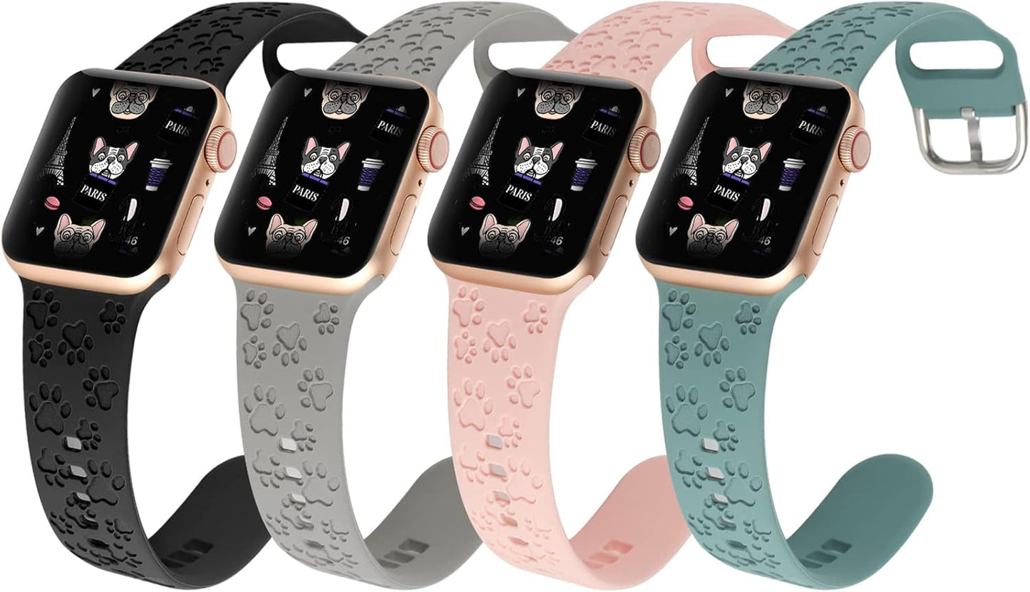 4 Pack Dog Paw Engraved Strap Compatible with Apple Watch Bands 38Mm 40Mm 41Mm 42Mm 44Mm 45Mm, Cute Animal Print Laser Soft Silicone Sport Accessories for Iwatch Series 9 8 7 6 5 4 3 2 1 SE