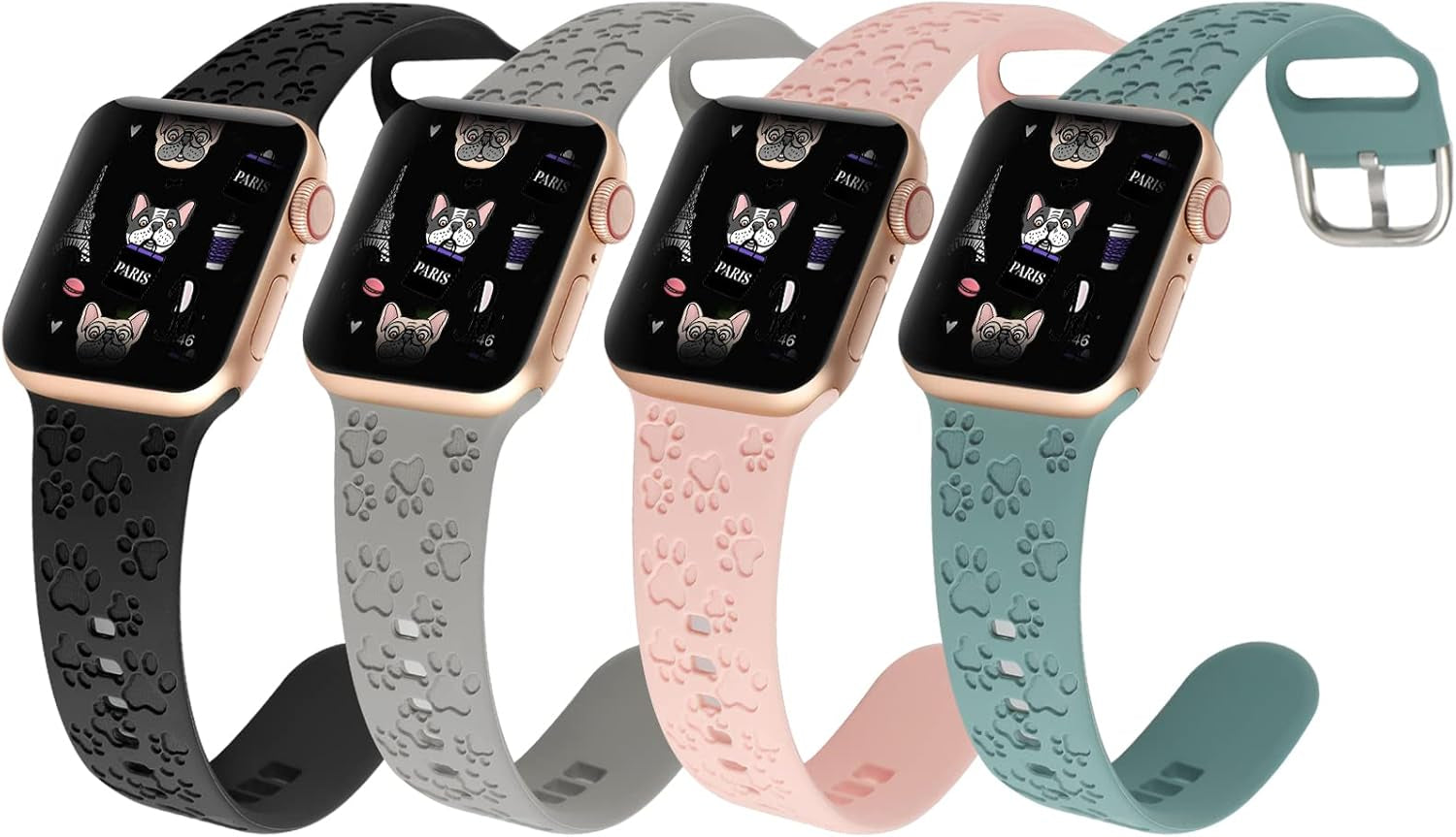 4 Pack Dog Paw Engraved Strap Compatible with Apple Watch Bands 38Mm 40Mm 41Mm 42Mm 44Mm 45Mm, Cute Animal Print Laser Soft Silicone Sport Accessories for Iwatch Series 9 8 7 6 5 4 3 2 1 SE