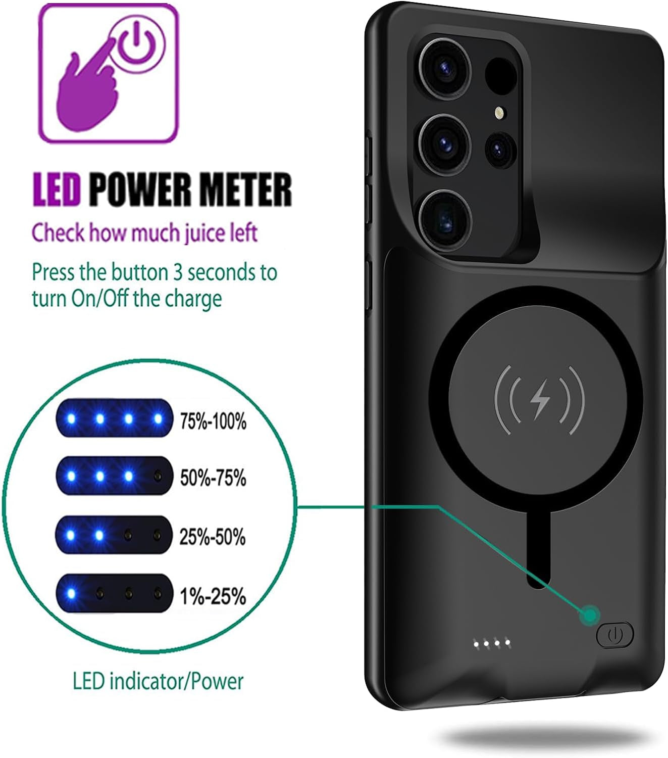 Battery Case for Galaxy S22 Ultra/S23 Ultra,[12000Mah]Large Capacity Slim Portable Protective Fast Charging Case Backup Power Bank Battery Case Compatible with Samsung Galaxy S22 Ultra/S23 Ultra-Black