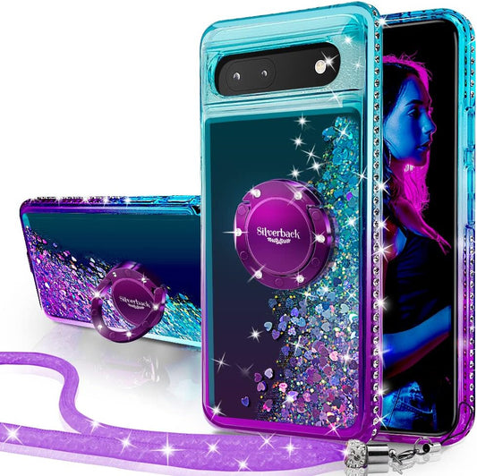 Silverback for Pixel 6A Case, Moving Liquid Holographic Sparkle Glitter Case with Kickstand, Girls Women Bling Diamond Ring Slim Protective Case for Google Pixel 6A 5G (2022) - Purple  Silverback inc Purple Pixel 6A 5G 