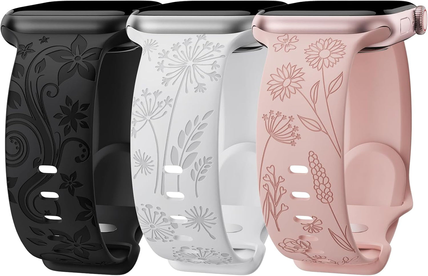 3 Pack Floral Engraved Bands Compatible with Apple Watch Band for Women 38Mm 40Mm 41Mm 42Mm 44Mm 45Mm 49Mm, Cute Flower Laser Pattern Soft Silicone Strap for Iwatch Series Ultra SE 9 8 7 6 5 4 3 2 1