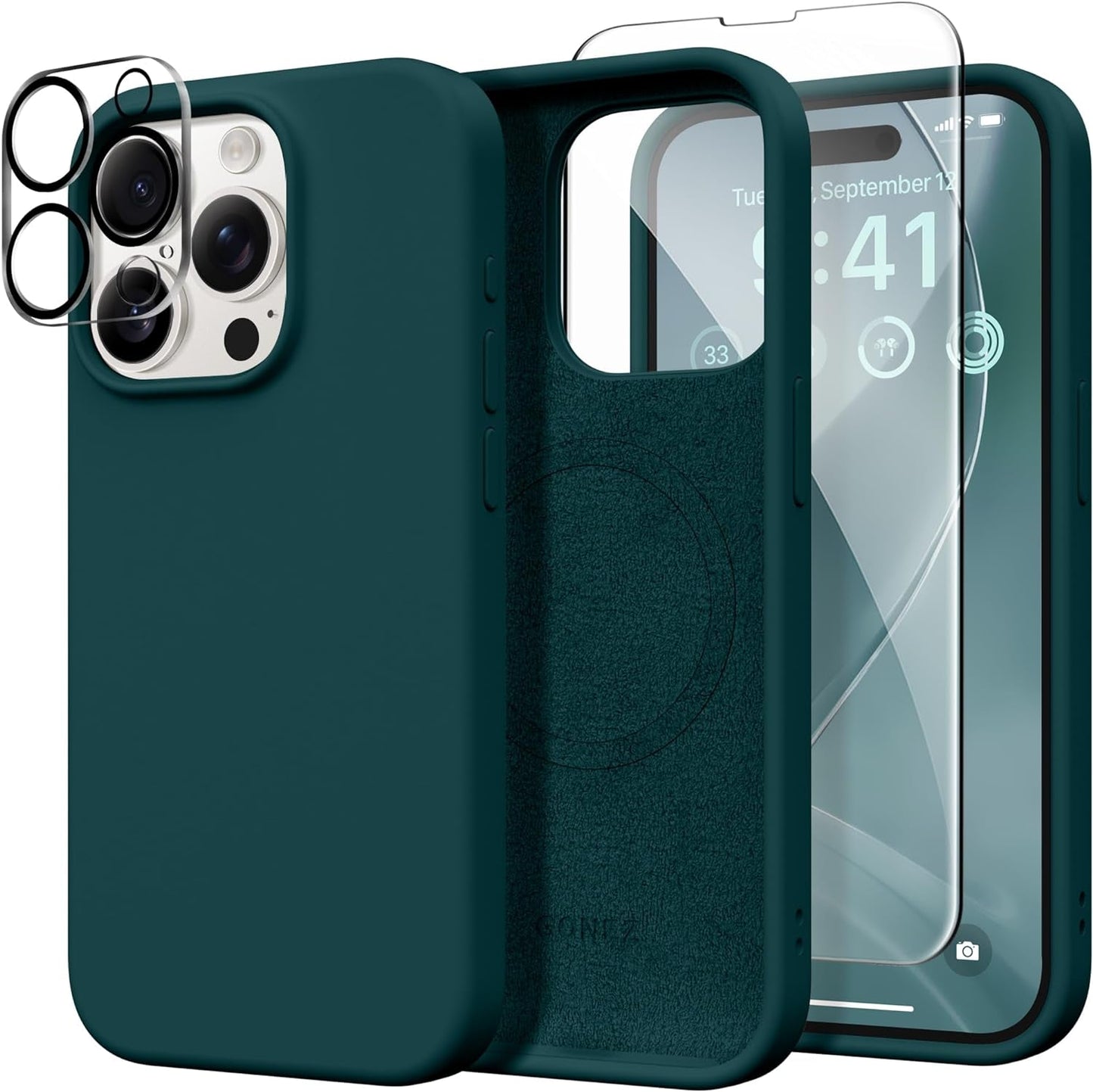 GONEZ for Iphone 15 Pro Case Compatible with Magsafe, [2X Screen Protector + 2X Camera Lens Protector], Soft Silicone Shockproof Anti-Scratch Full Body Protective Phone Case 6.1" 2023, Dark Grey  GONEZ   