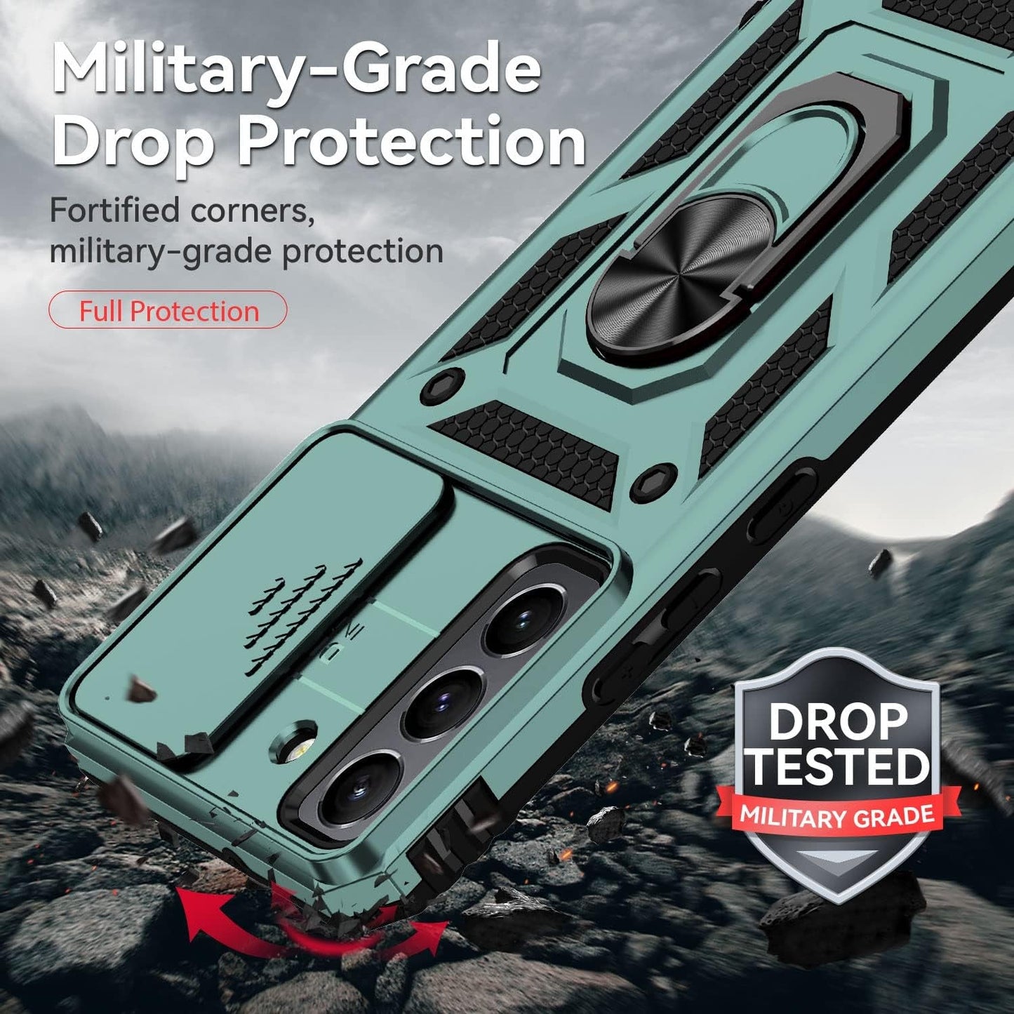 For Samsung Galaxy S22 plus Case,With Camera Lens Cover HD Screen Protector,[Military Grade] Ring Car Mount Kickstand Hybrid Hard PC Soft TPU Shockproof Protective Case for Galaxy S22 Plus, Green