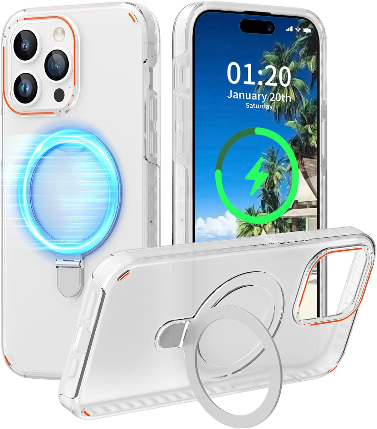 Flodsw Shockproof Case for Iphone 15 Pro,Compatible with Magsafe,Stronger Magnetic Iphone 15 Pro Case with Stand,Dual Layer Phone Case,[Military Drop Protection][Anti Yellowing] 6.1Inch,Blue  Flodsw Clear For Iphone 14 Pro Max/6.7‘’ 