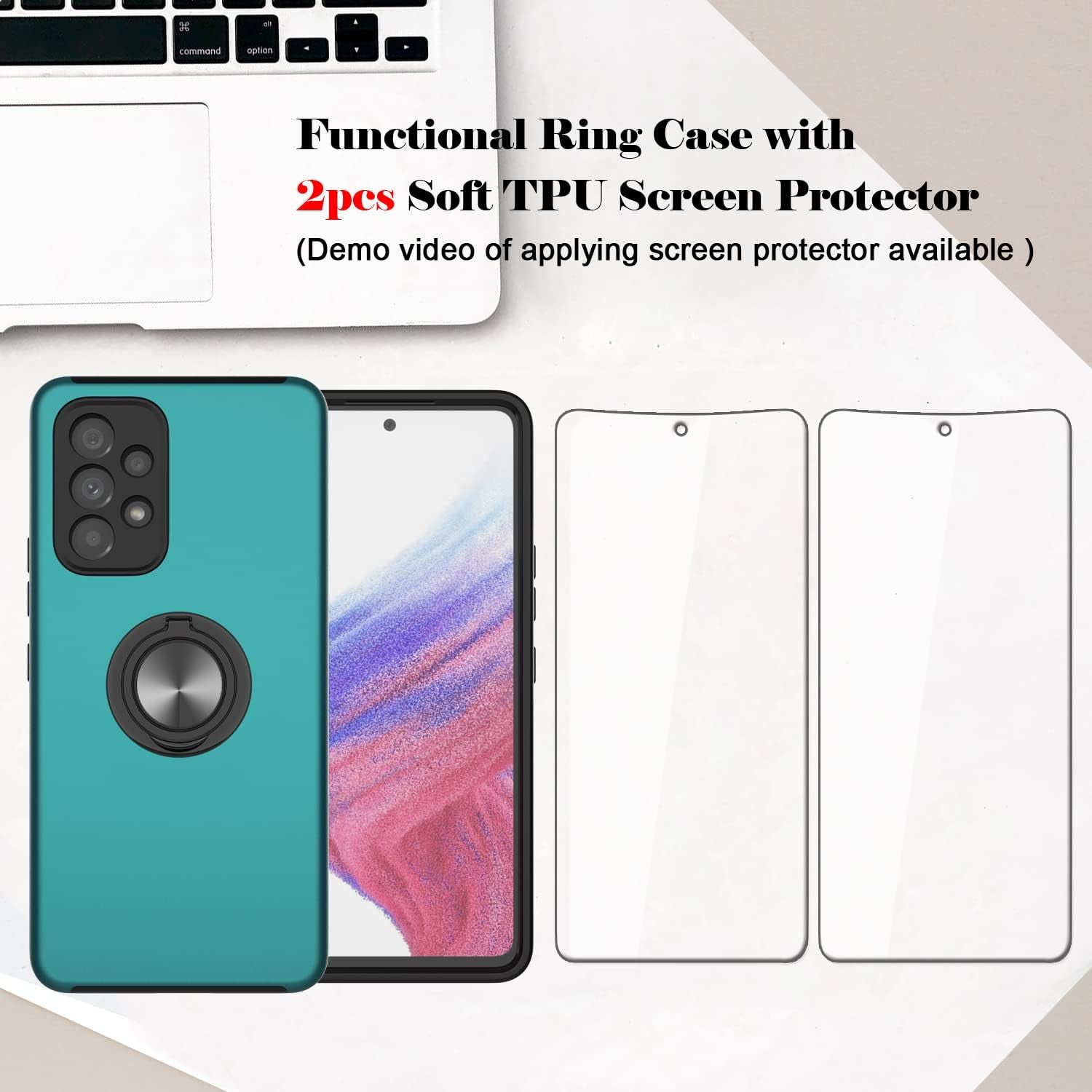 For Samsung Galaxy A53 5G Phone Case with TPU Screen Protector, Ring Holder Kickstand Drop Proof Protective Slim Hard Dual Layer Stand Non-Slip Tough Cover Cell Phone Case (Green)