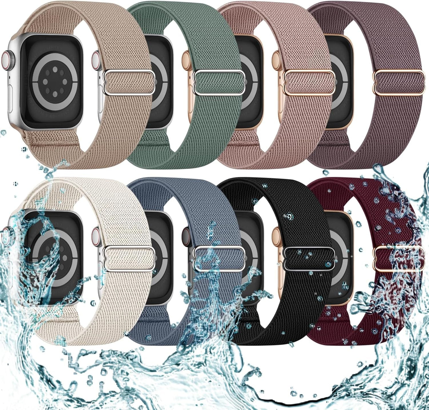 8 Pack Stretchy Solo Loop Compatible with Apple Watch Band 40Mm 41Mm 42Mm 44Mm 45Mm 38Mm 49Mm, Splash-Proof Sweat-Wicking Nylon Elastic Strap Women Men for Iwatch Series 9 8 7 6 5 4 3 SE Ultra 2