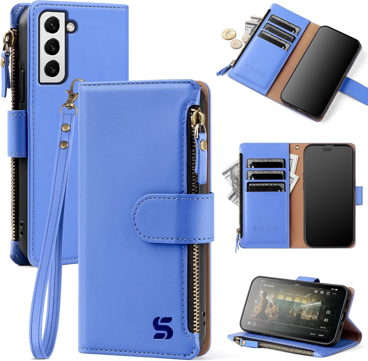 For Samsung Galaxy S22 Wallet Case,Galaxy S22 Phone Case PU Leather Flip Folio Protective Cover Wrist Strap Zipper Pocket Credit Card Slots Holder RFID Blocking,For Women Men,Blue Green