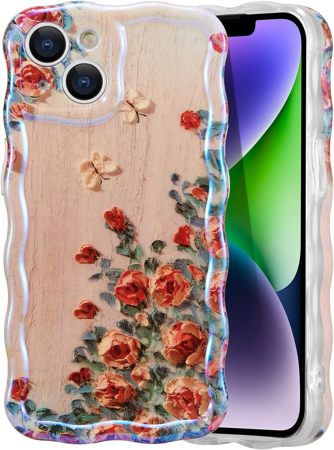 EYZUTAK Case for Iphone 14 Pro, Colorful Retro Oil Painting Flower Leaf Laser Glossy Pattern Cute Curly Wave Edge Exquisite Phone Cover Stylish Durable TPU Protective Case for Girls Women - Blue Green  EYZUTAK   