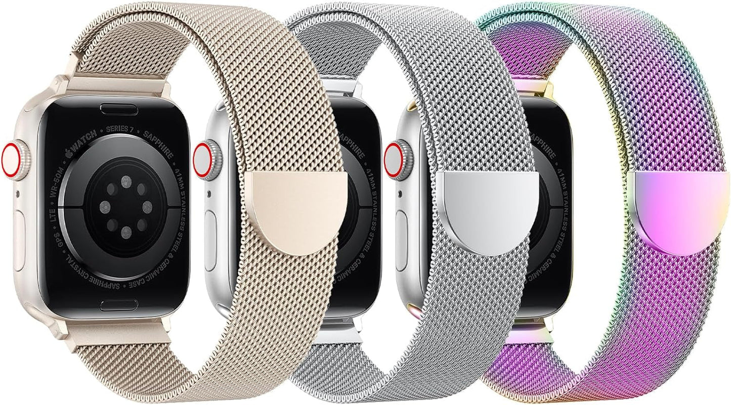 BELONGME 3 Pack Mesh Loop Compatible with Apple Watch Band 40Mm 41Mm 38Mm 42Mm 44Mm 45Mm 49Mm Series Ultra SE 9 8 7 6 5 4 3 2 1 Women Men, Stainless Steel Metal Strap Magnetic Clasp for Iwatch Bands