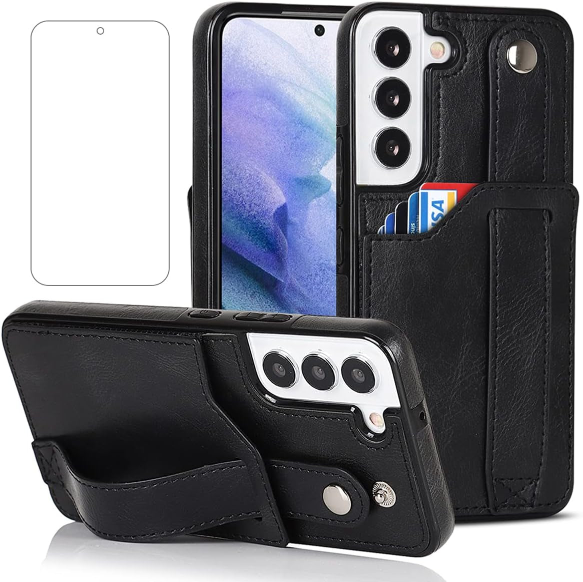 Design for Samsung Galaxy S22 plus 5G Phone Case with Screen Protector Adjustable Wrist Strap Kickstand Credit Card Slot Slim Shockproof Hybrid Rugged Protective Cover for Women 6.6" Rose Gold