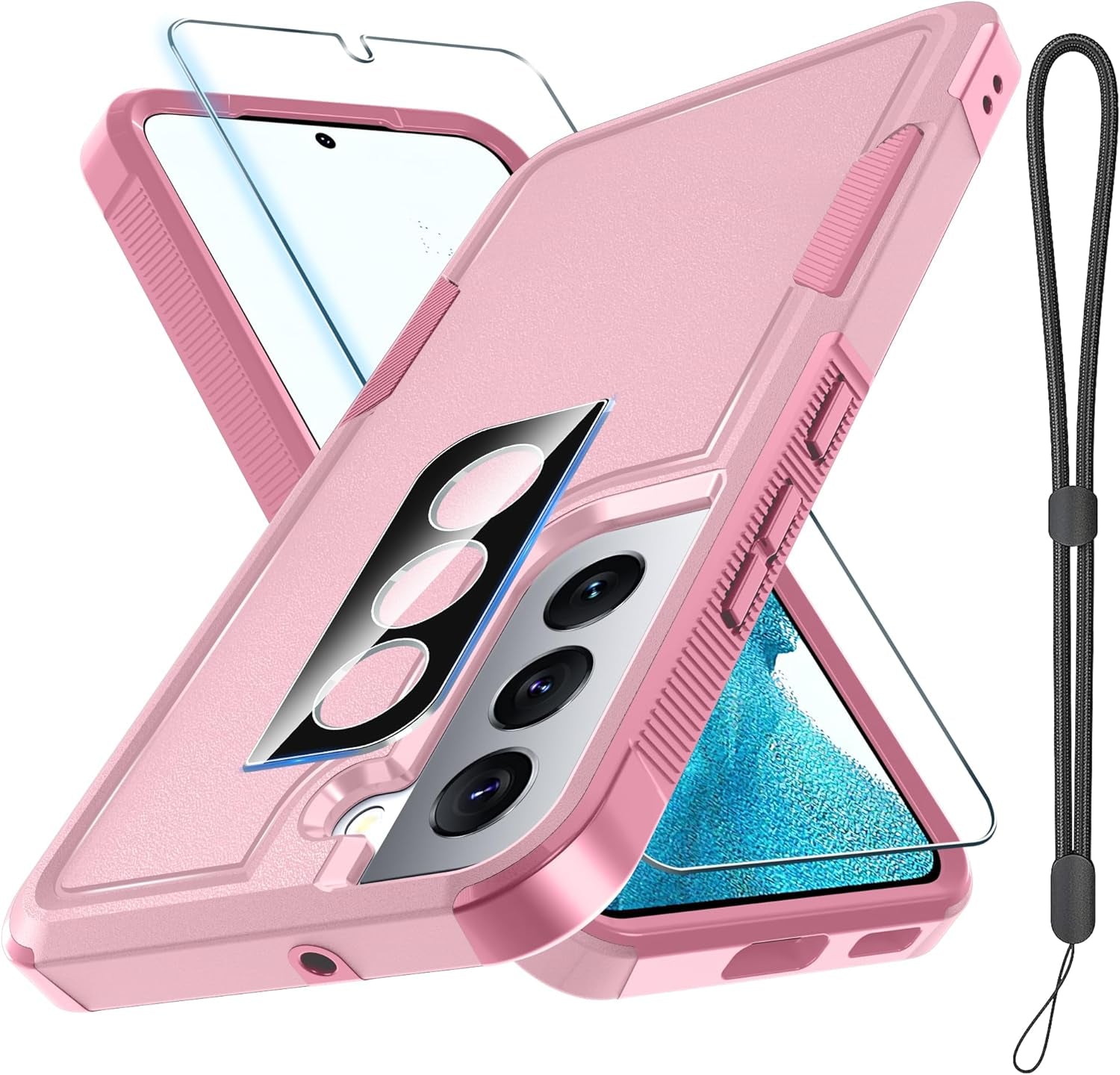 For Samsung Galaxy S22 Case, Full Body Heavy Duty Rugged Shockproof Protective Phone Cover with Lanyard Strap, Tempered Glass Screen Protector and Camera Lens Cover, Mint Green