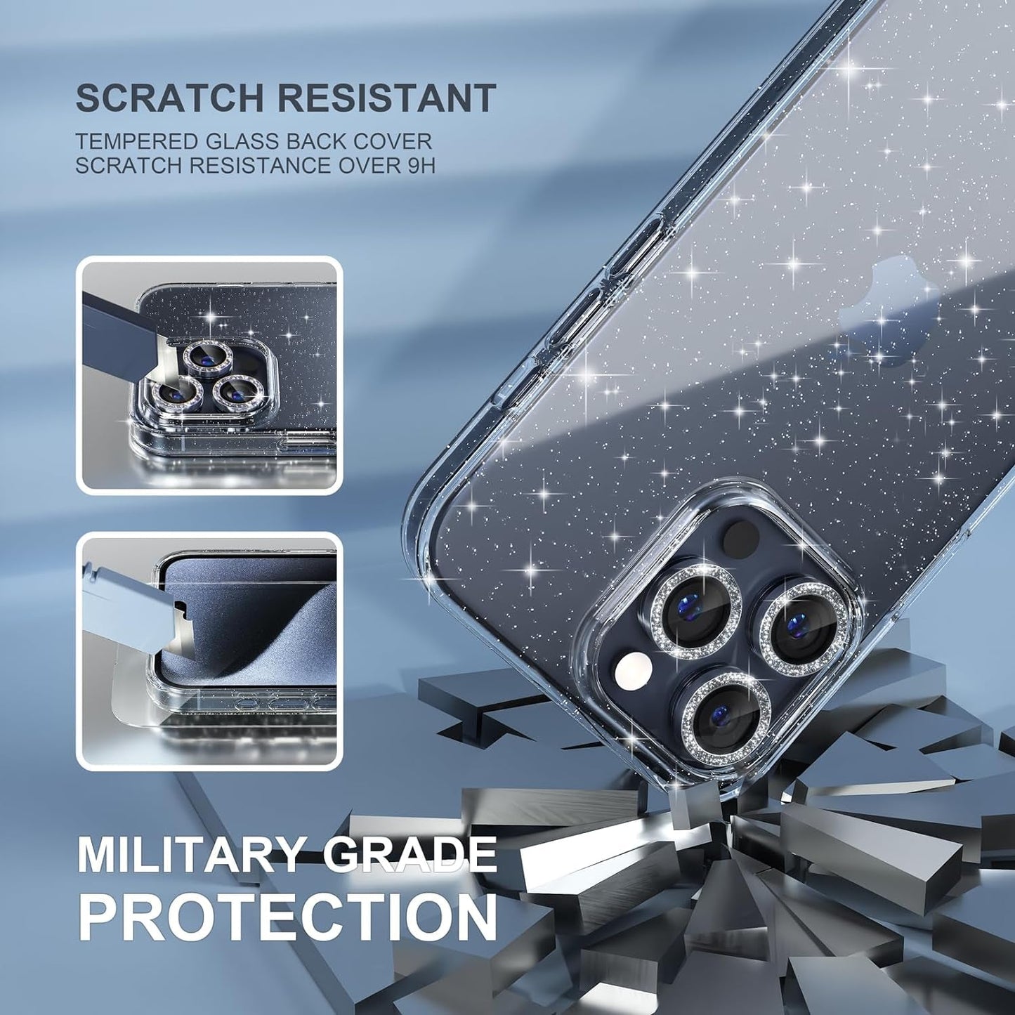 Choiche Compatible for Iphone 15 Pro Case, Women Cute Clear Glitter Bling Sparkly Case, [3 X Diamond Camera Lens Protectors] [2 X Tempered Glass Screen Protectors] 6.1-Inch (Glitter Clear)  Choiche   